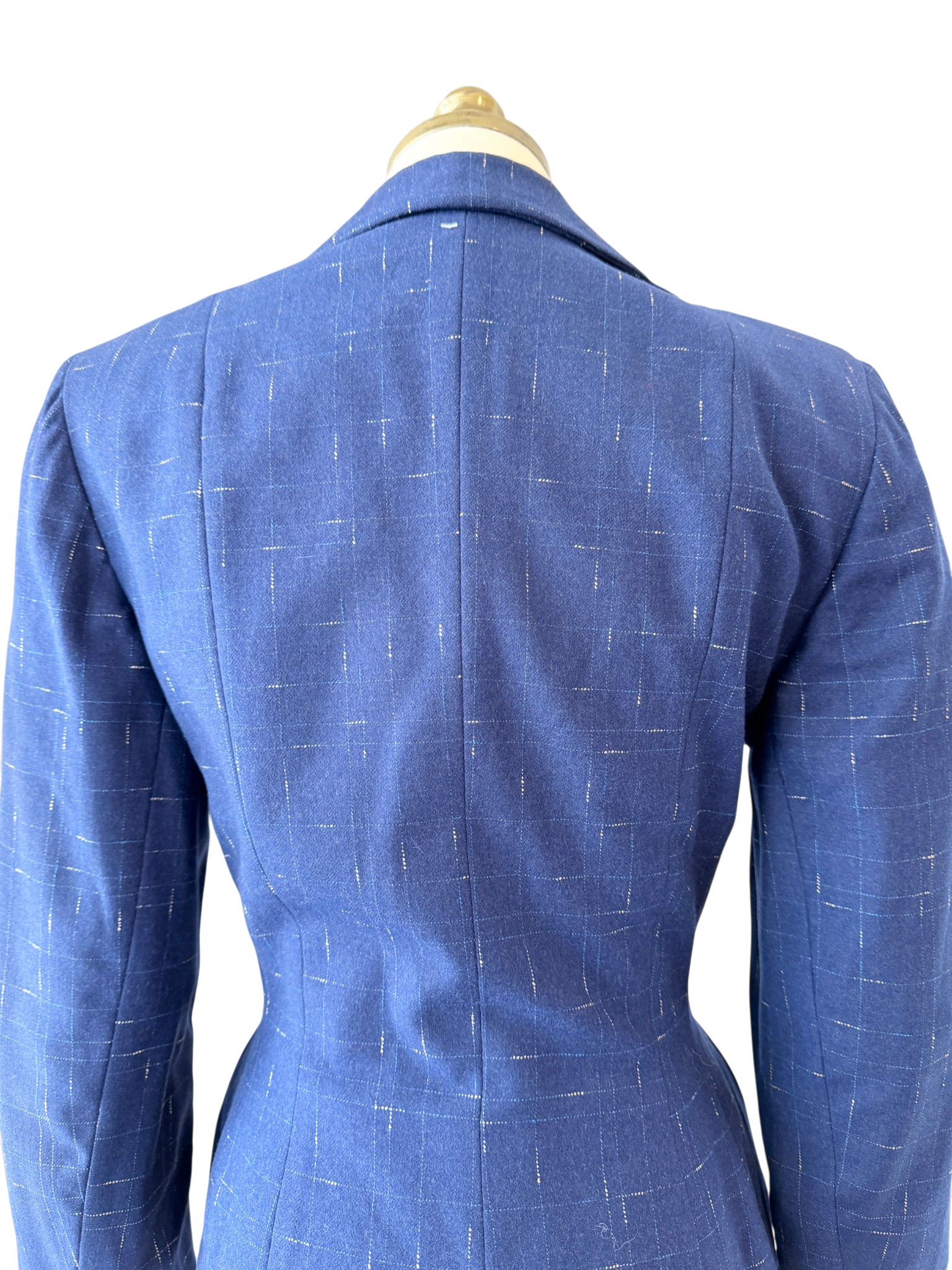 1940s Navy Wool Fitted Blazer with Decorative Collar and Hashmark Print
