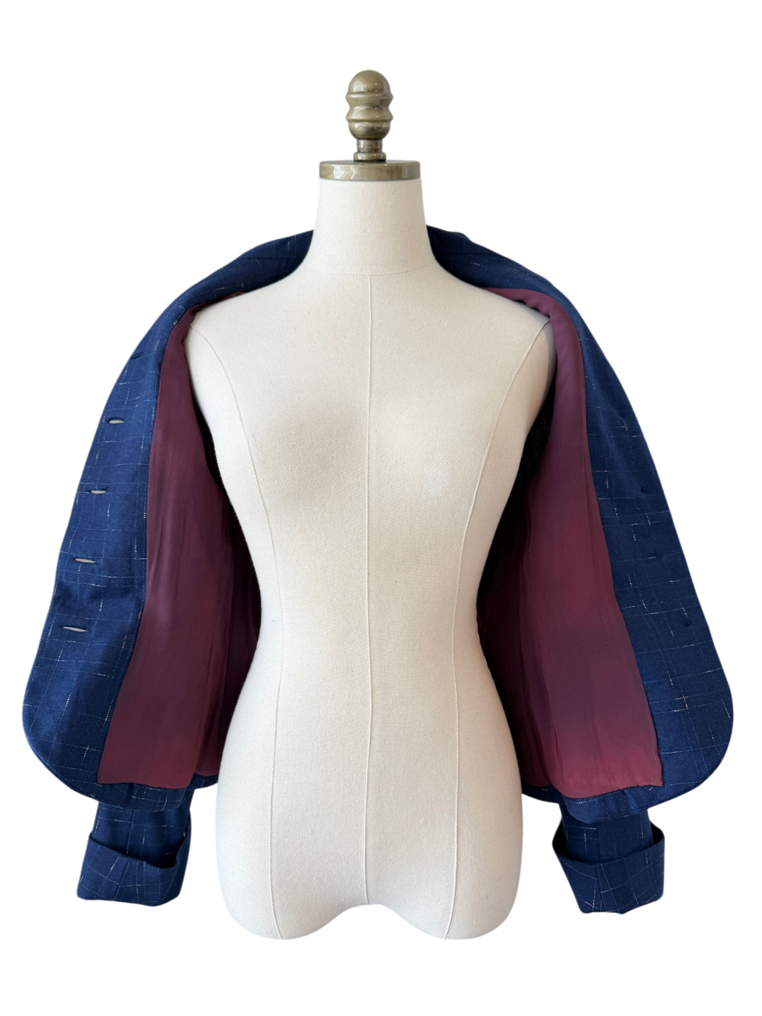1940s Navy Wool Fitted Blazer with Decorative Collar and Hashmark Print