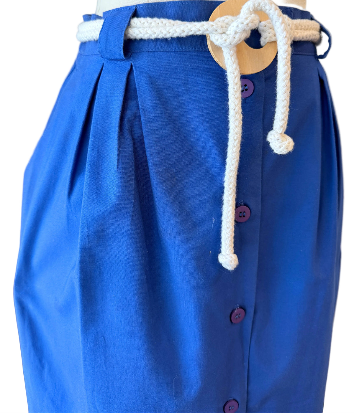1980s Christian Dior Blue Button-Front Sheath Skirt with Rope Belt