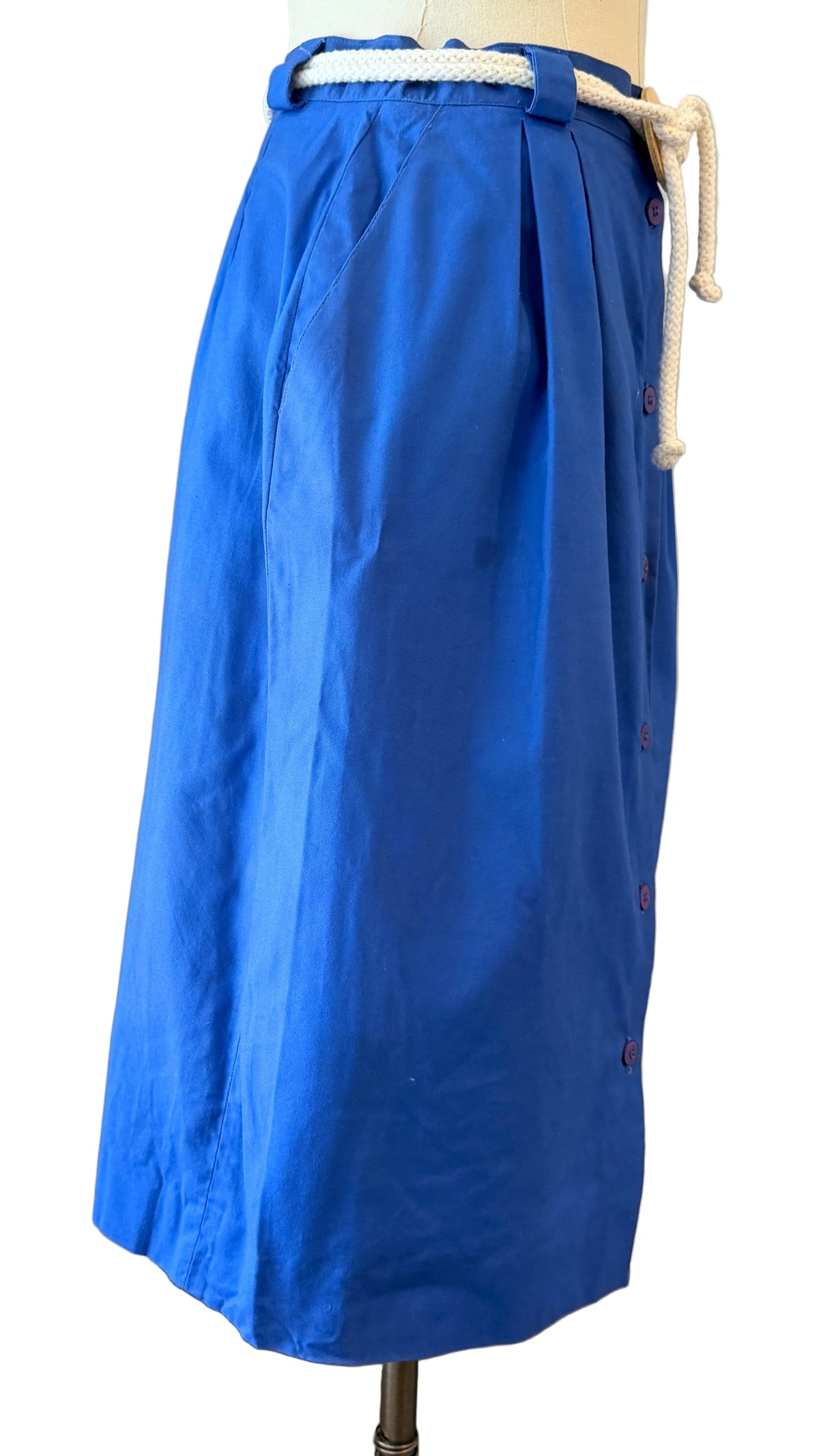 1980s Christian Dior Blue Button-Front Sheath Skirt with Rope Belt