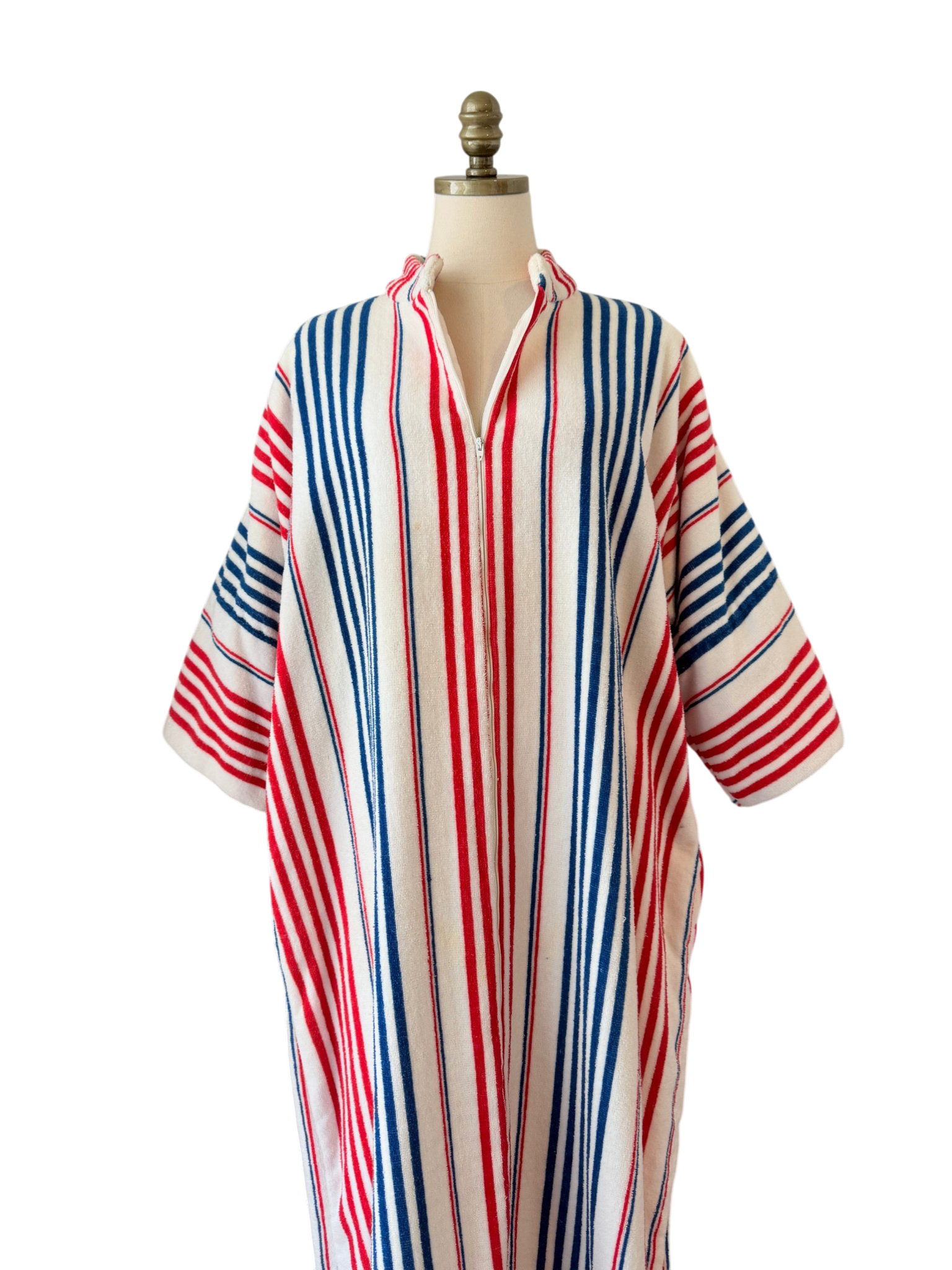 1960s Saks Fifth Avenue Red/White/Blue striped Terry cloth zip front robe with matching belt