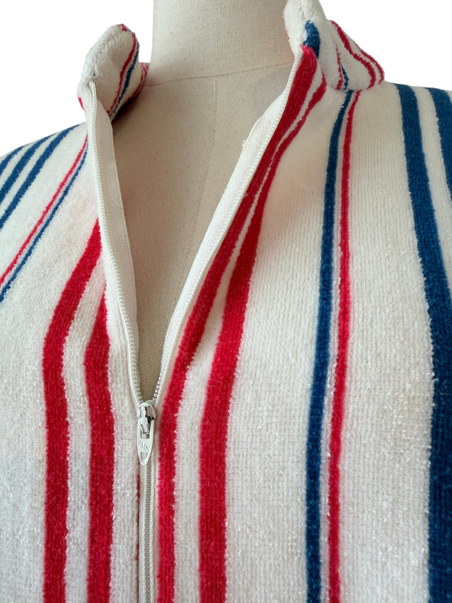 1960s Saks Fifth Avenue Red/White/Blue striped Terry cloth zip front robe with matching belt
