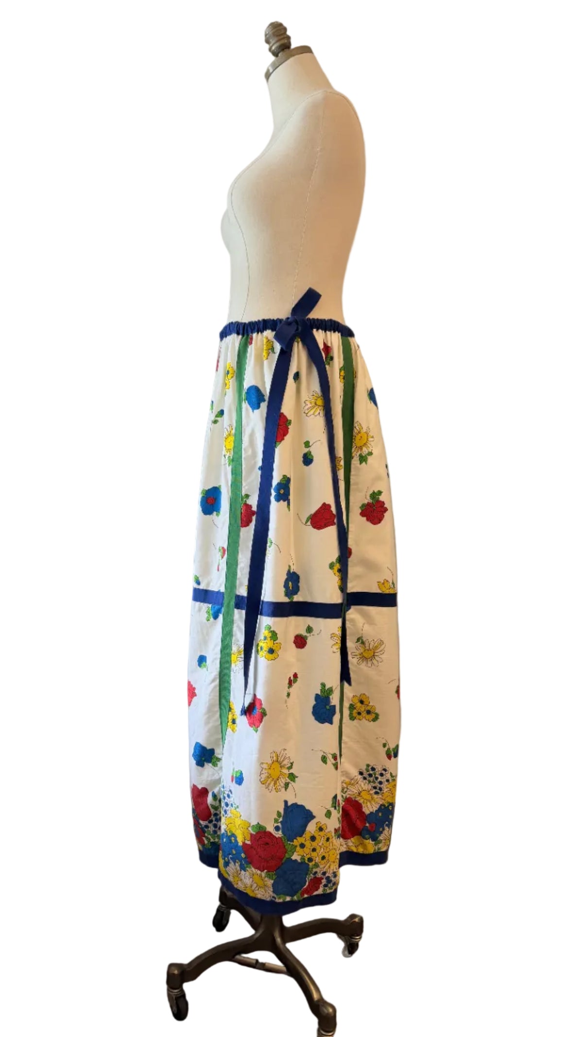 1970s Cotton Floral Print Maxi Skirt/Dress with Grosgrain Ribbon Trim