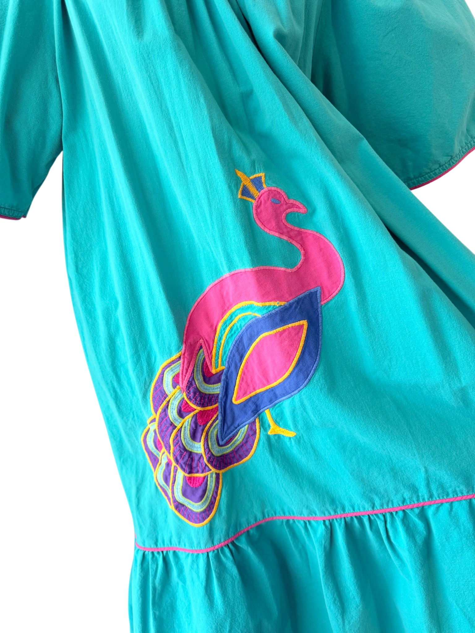 1970s Appel Patio Dress with Ruffle Hem, Butterfly Sleeves & Peacock Appliqué