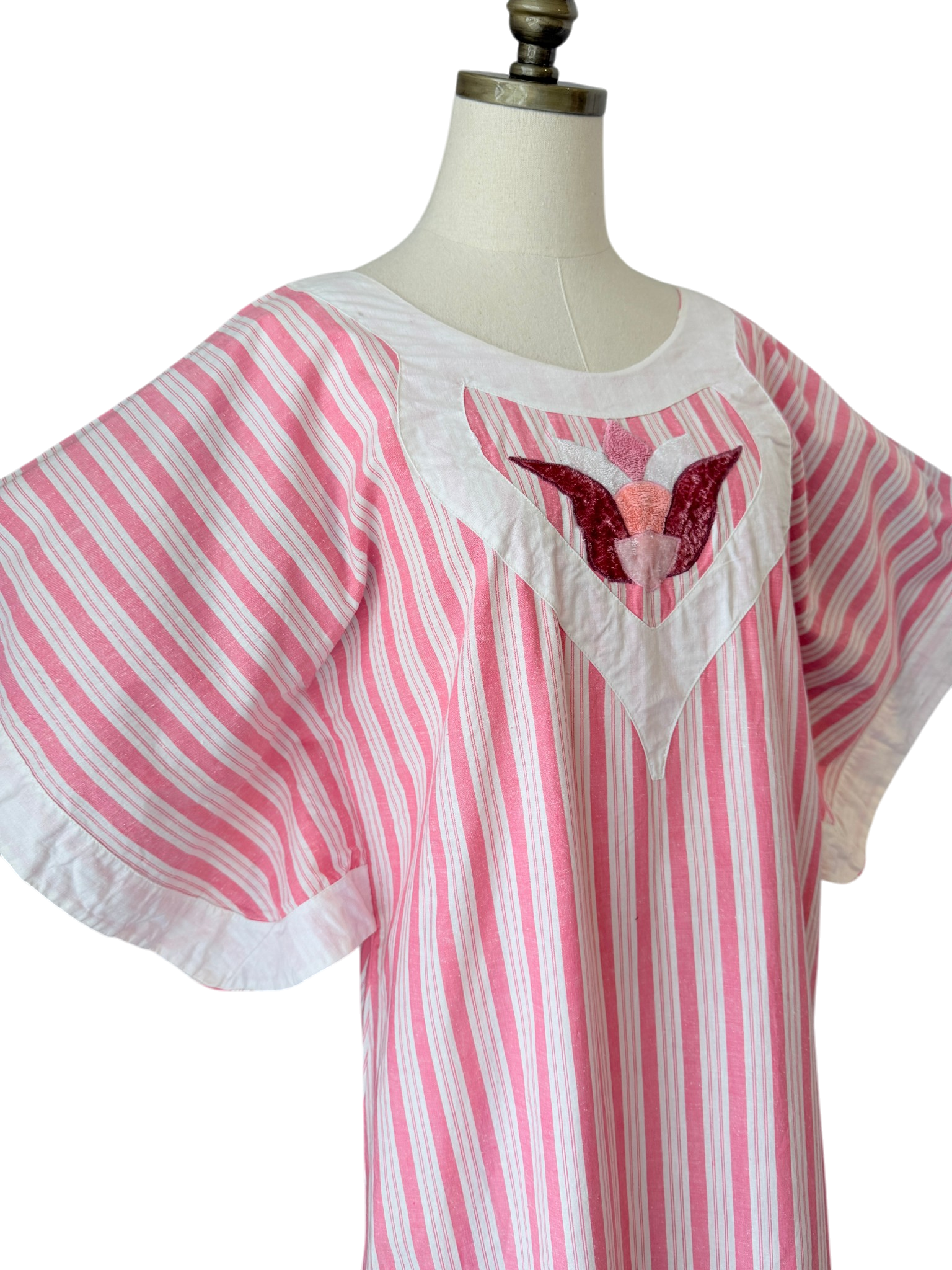 1980s Anna Maria Righetti Pink & White Striped Caftan with Patchwork Appliqué