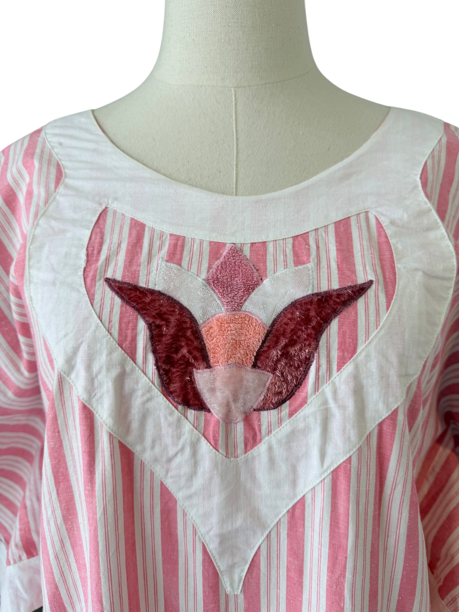 1980s Anna Maria Righetti Pink & White Striped Caftan with Patchwork Appliqué