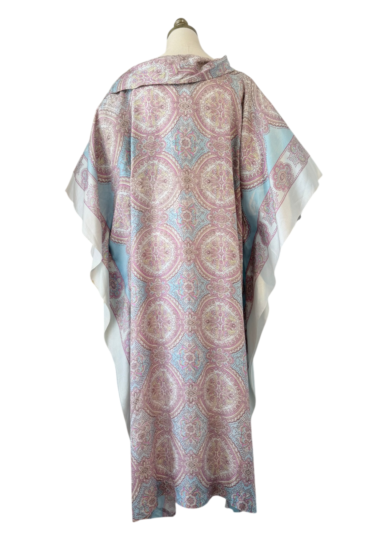 1970s Pastel Moroccan Print Caftan with Shawl Collar
