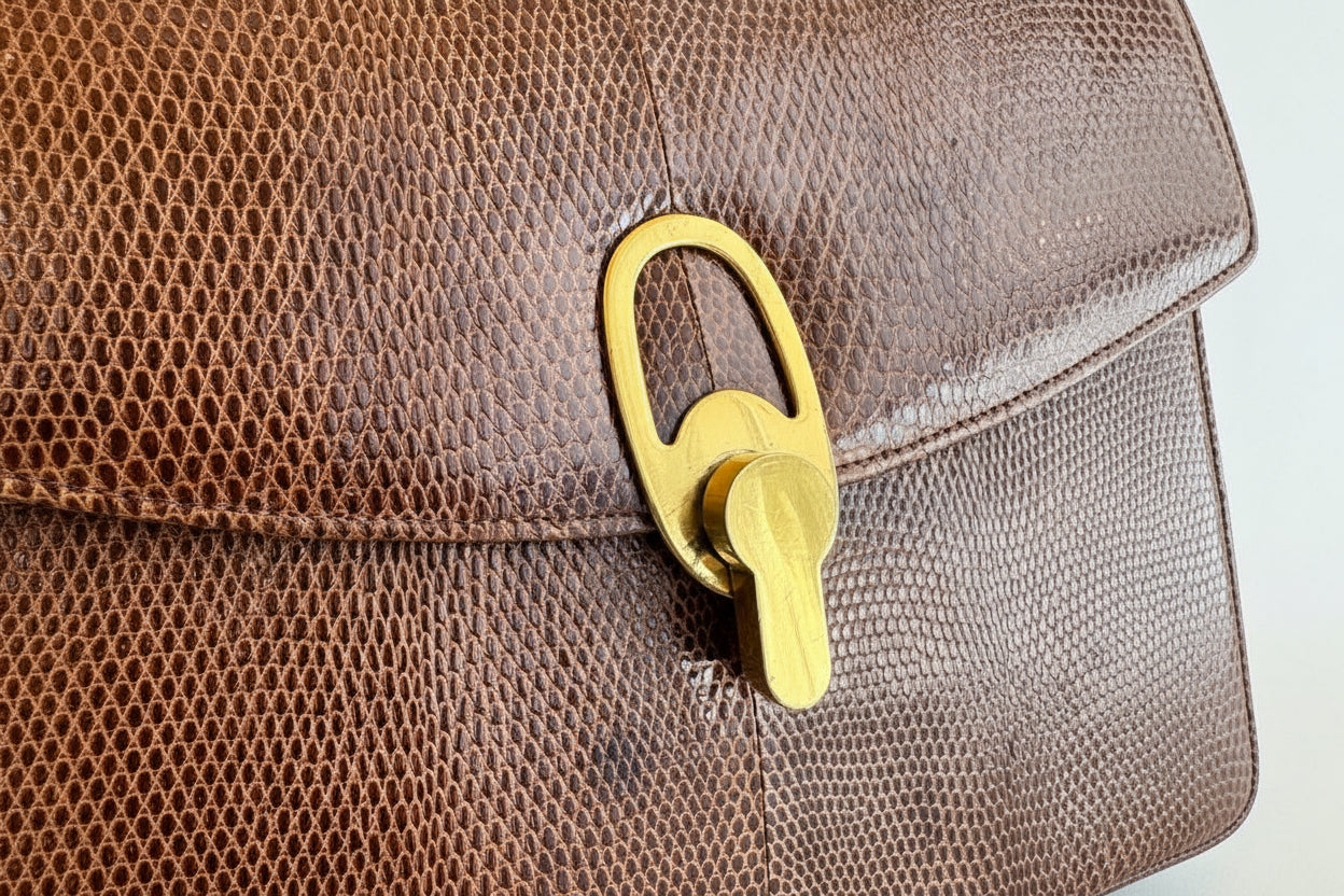 1960s Brown Python Flap Top Purse with Gold Turn-Lock Closure