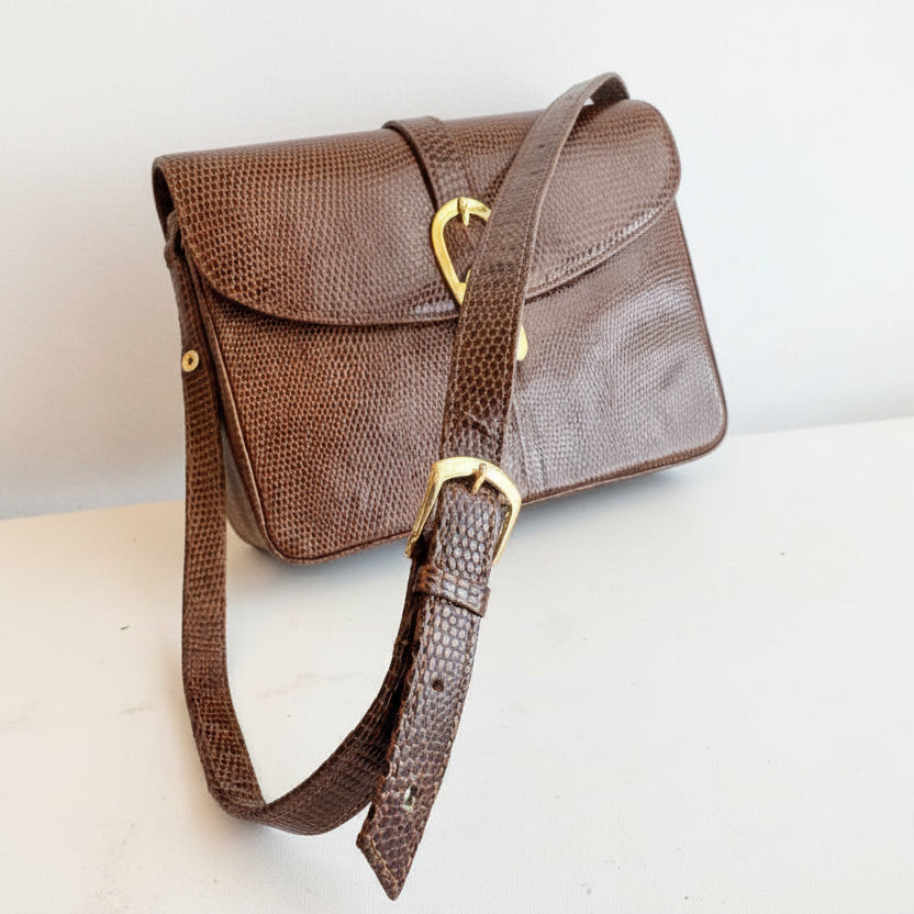1960s Brown Python Flap Top Purse with Gold Turn-Lock Closure