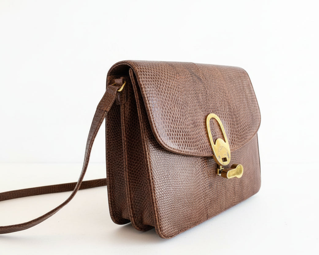 1960s Brown Python Flap Top Purse with Gold Turn-Lock Closure