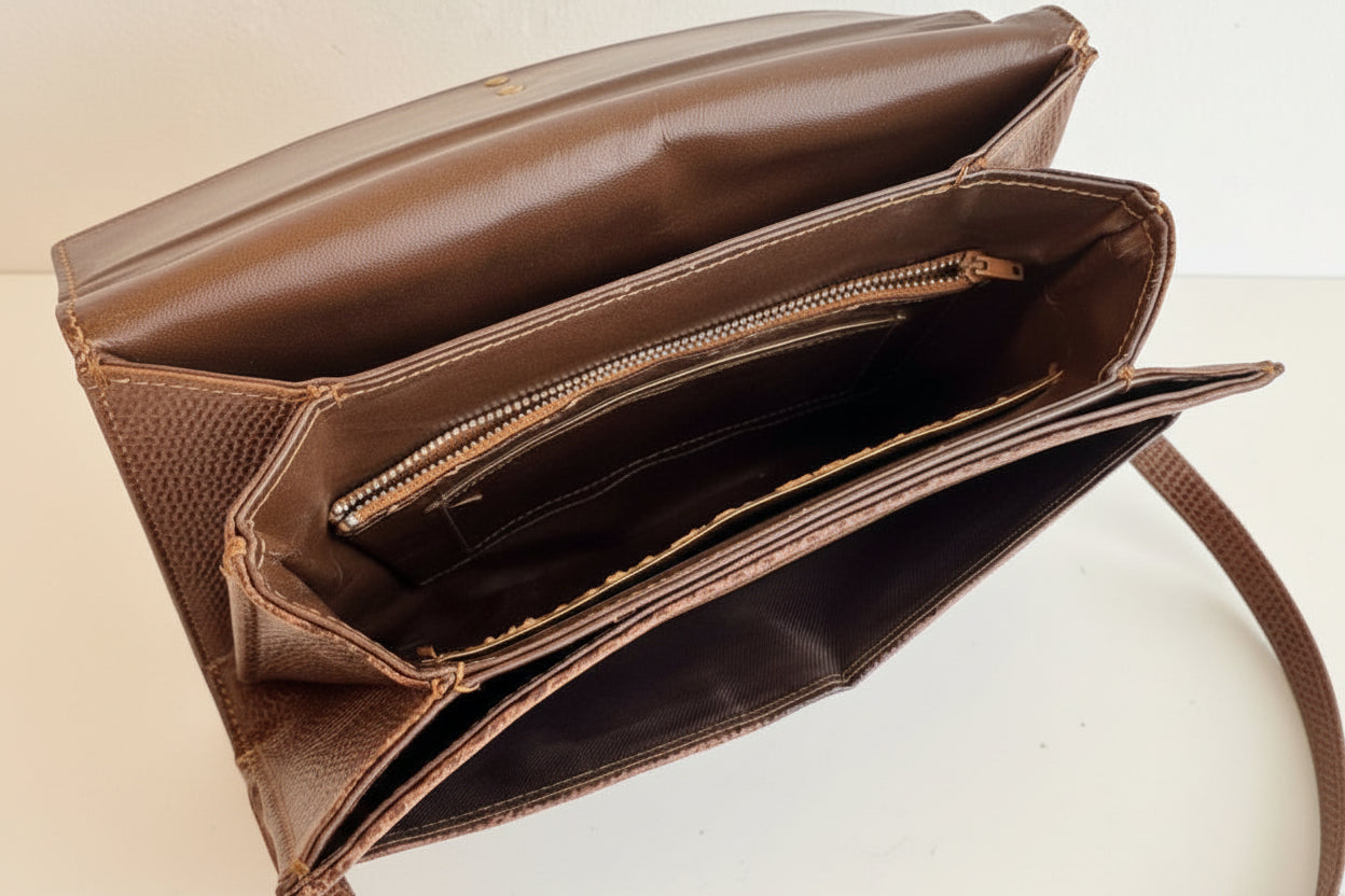 1960s Brown Python Flap Top Purse with Gold Turn-Lock Closure