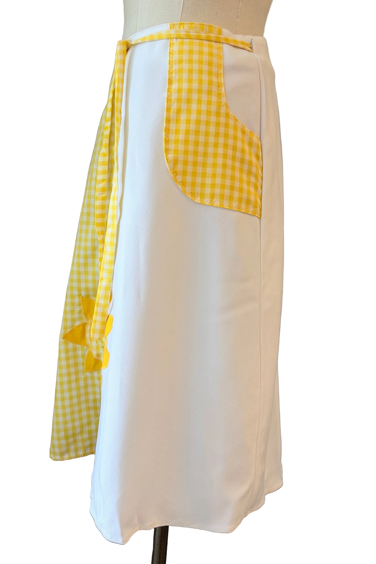 1960s Maureen Peña Original Yellow & White Gingham Wrap Skirt with Sun Appliqué