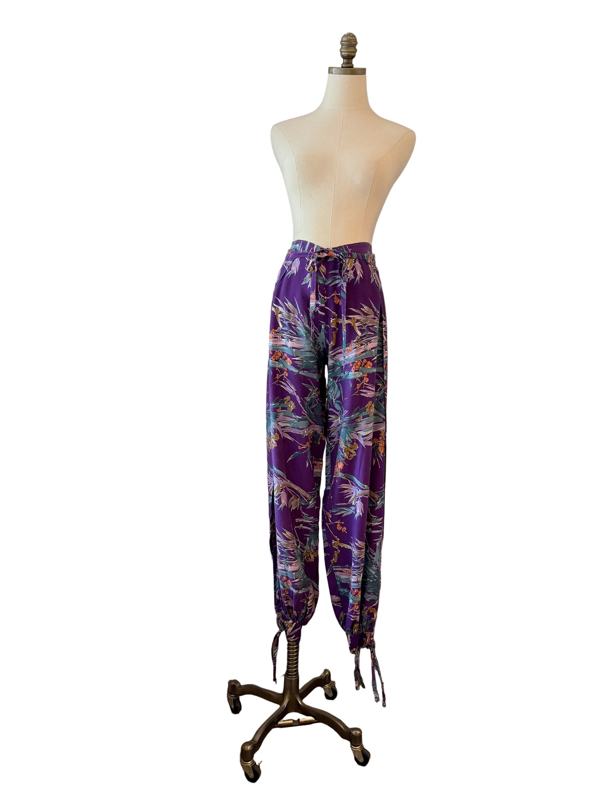 1960s Sports Paige Purple Tropical Print Cotton Wrap Harem Pants