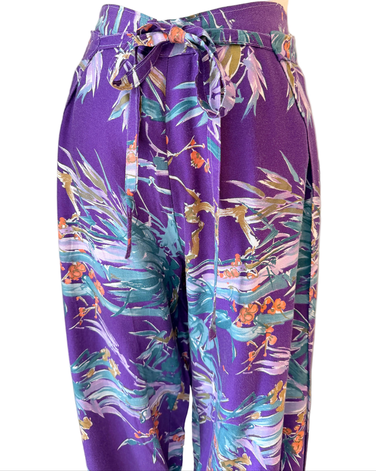 1960s Sports Paige Purple Tropical Print Cotton Wrap Harem Pants