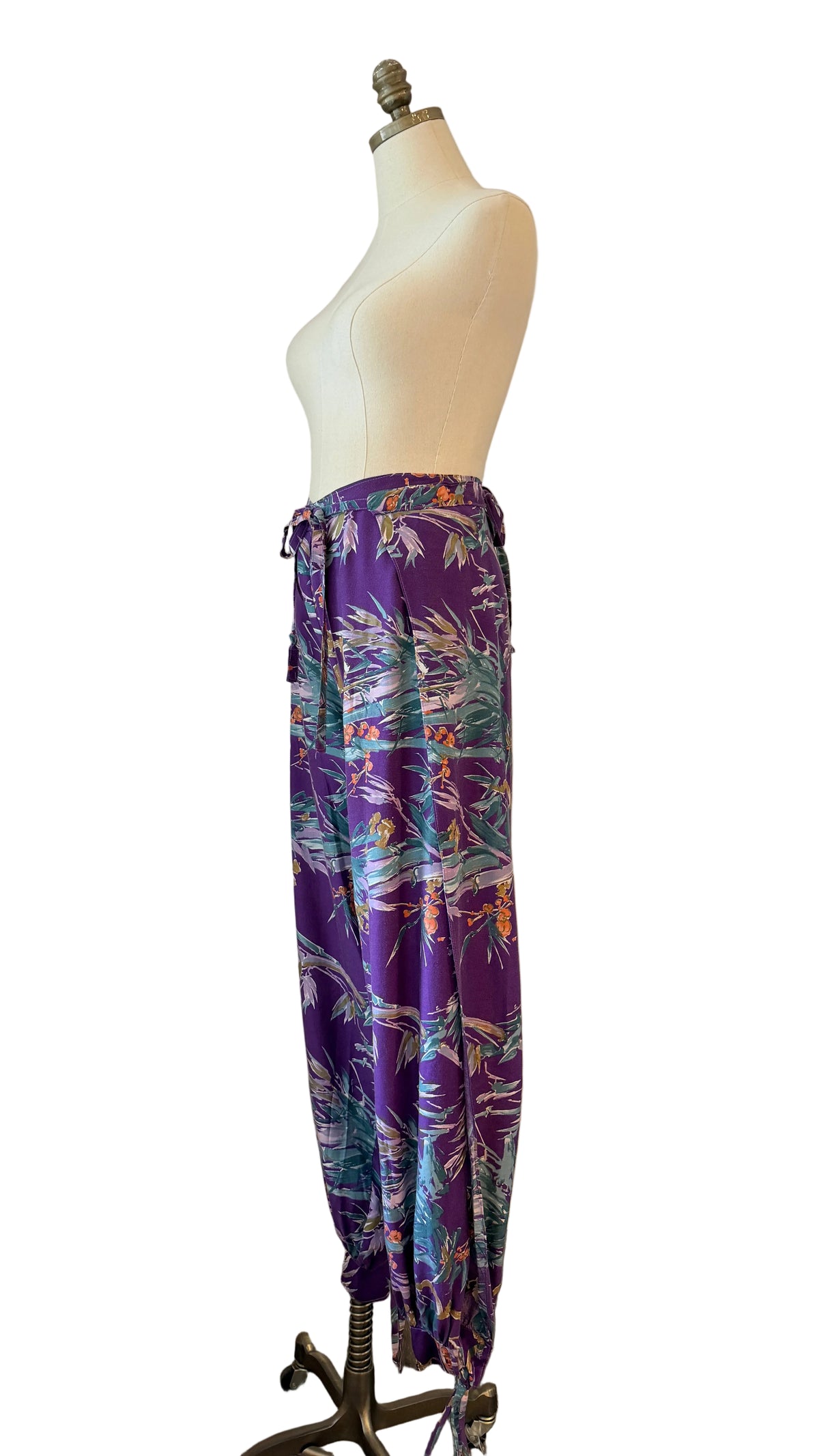 1960s Sports Paige Purple Tropical Print Cotton Wrap Harem Pants