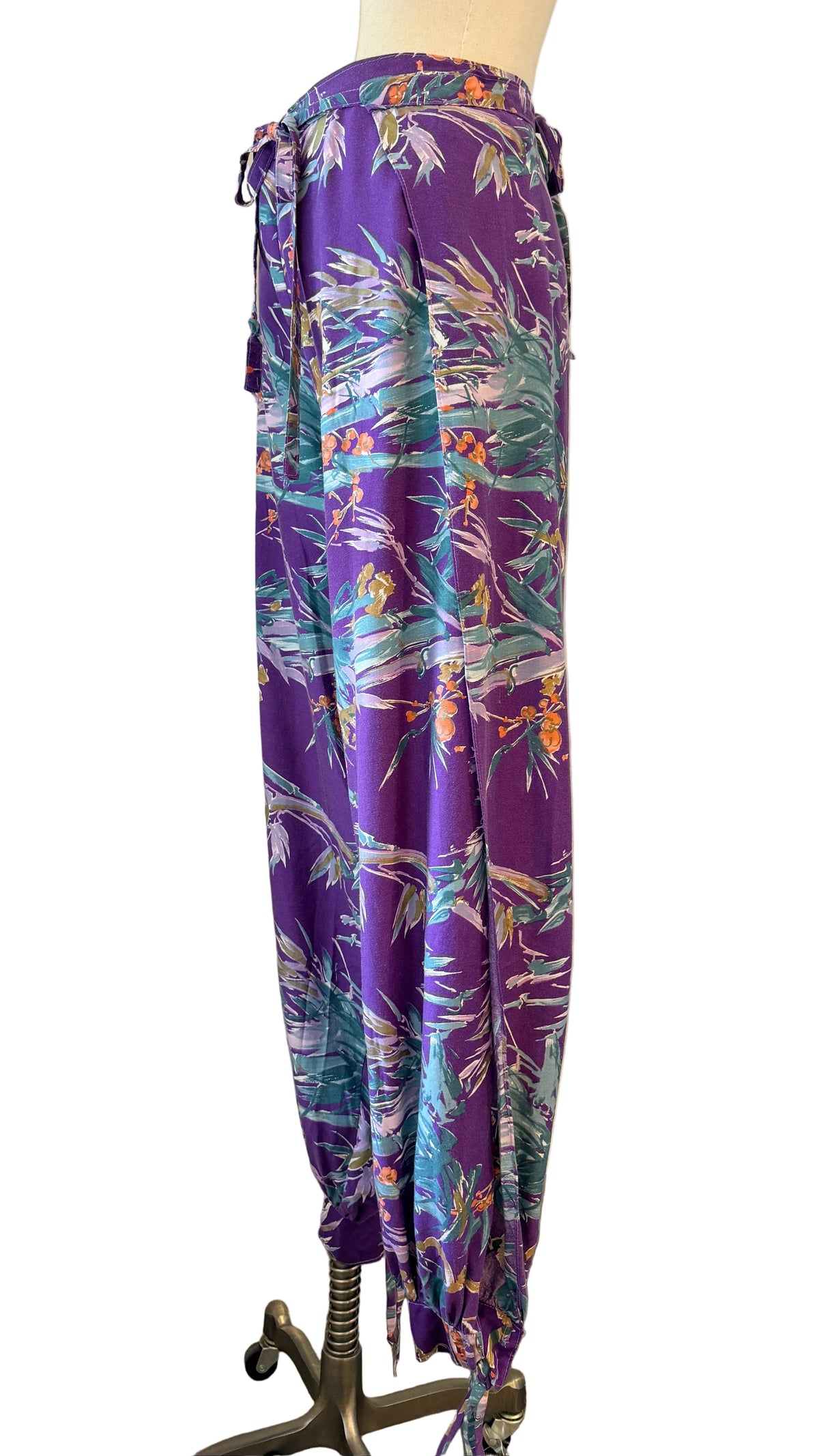 1960s Sports Paige Purple Tropical Print Cotton Wrap Harem Pants