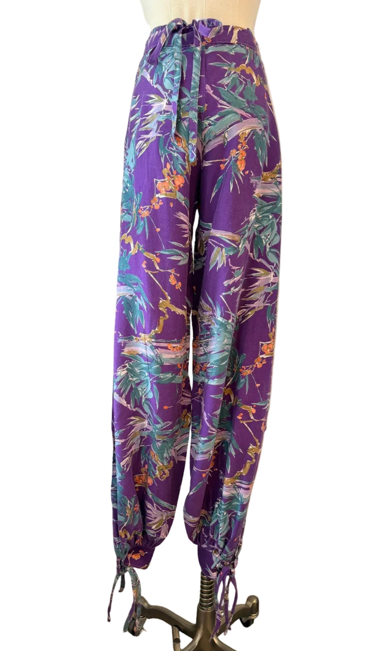 1960s Sports Paige Purple Tropical Print Cotton Wrap Harem Pants