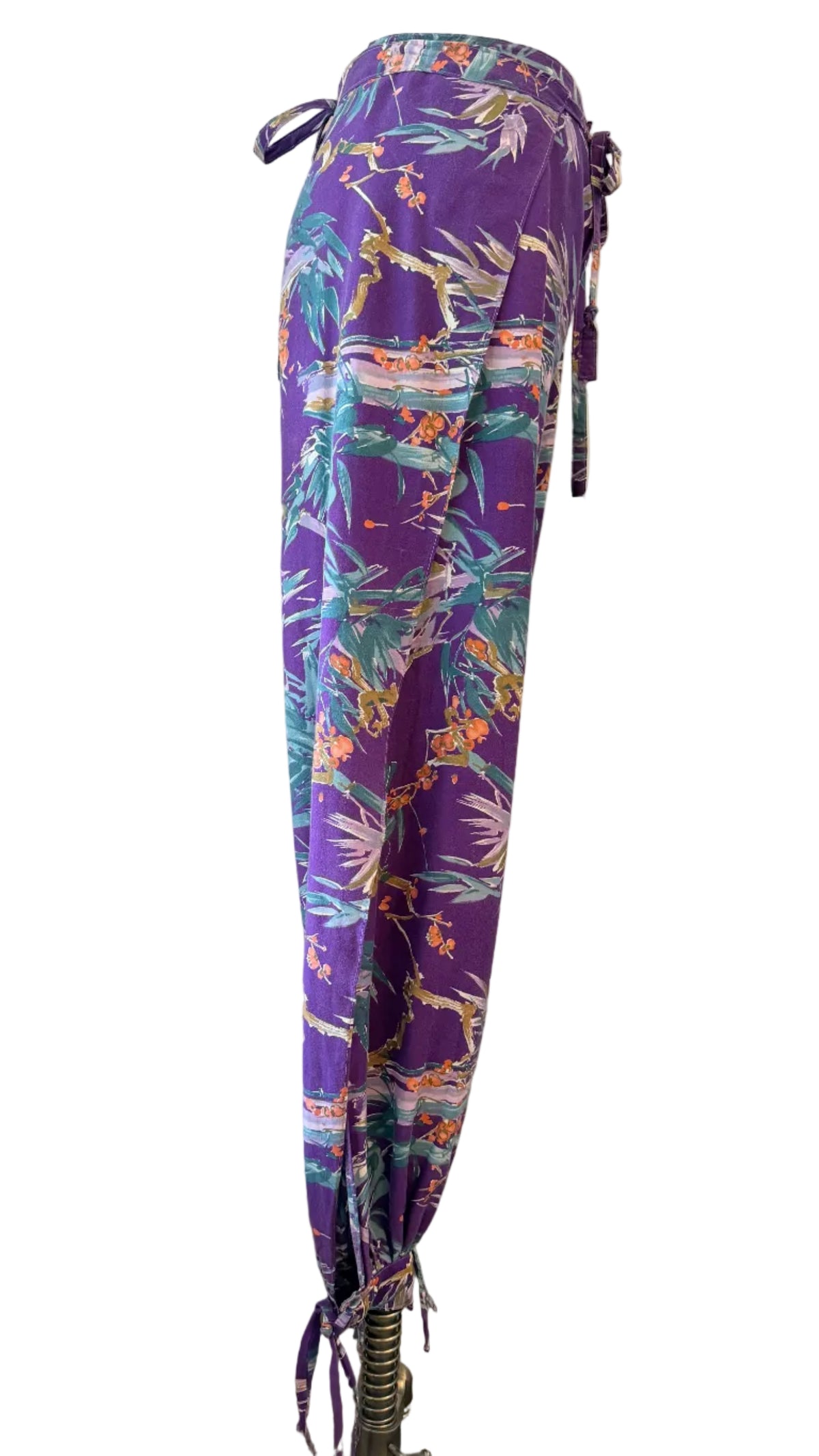 1960s Sports Paige Purple Tropical Print Cotton Wrap Harem Pants