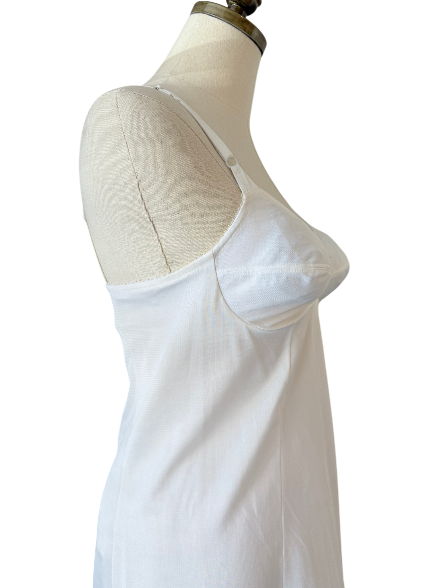 1950s Olga Nylon Ivory slip with key home chest detail and small bow hem details