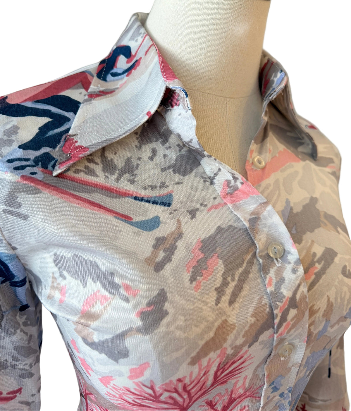 1970s Silk Novelty Ski & Chalet Print Blouse with Dagger Collar