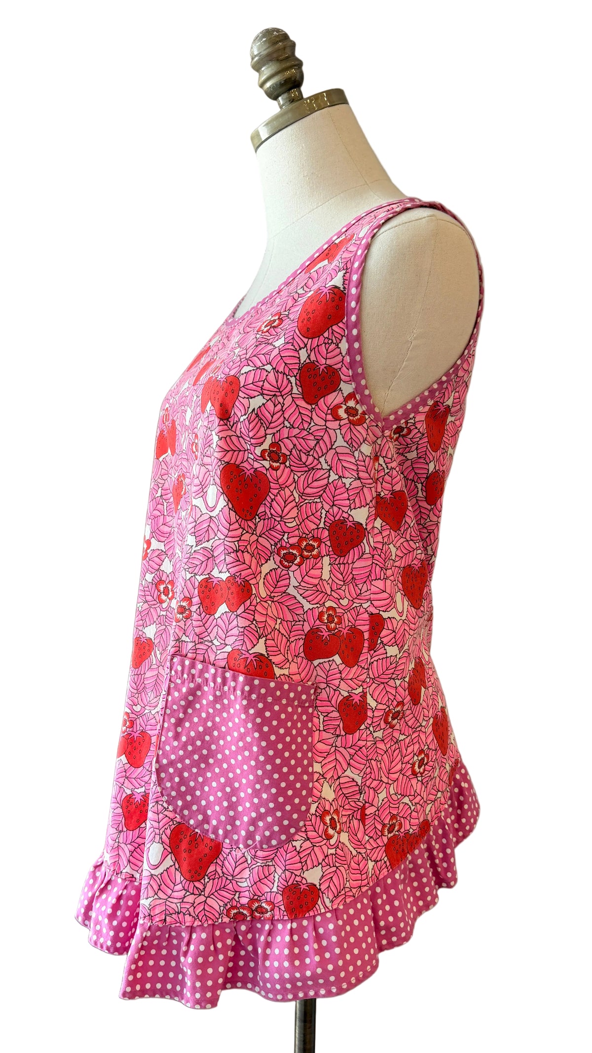 1970s Handmade Cotton Strawberry & Leaf Print Apron Top with Ruffle Hem