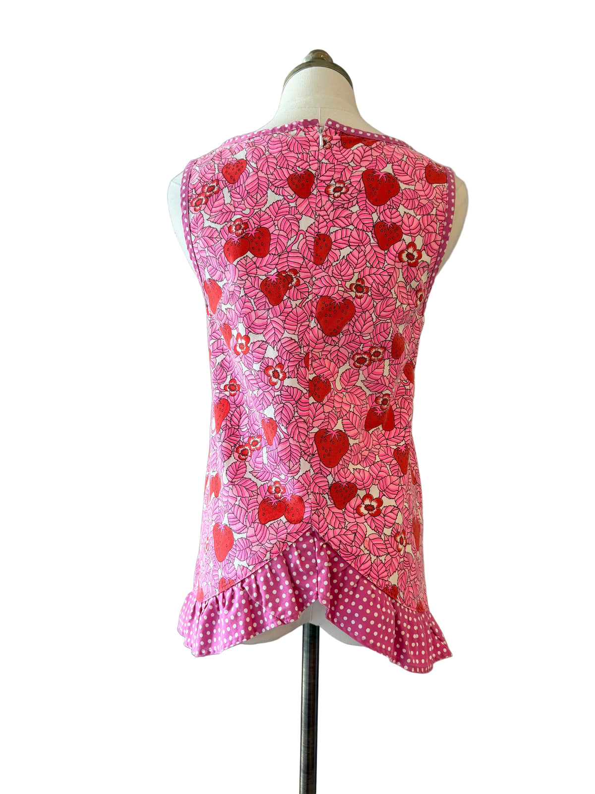 1970s Handmade Cotton Strawberry & Leaf Print Apron Top with Ruffle Hem