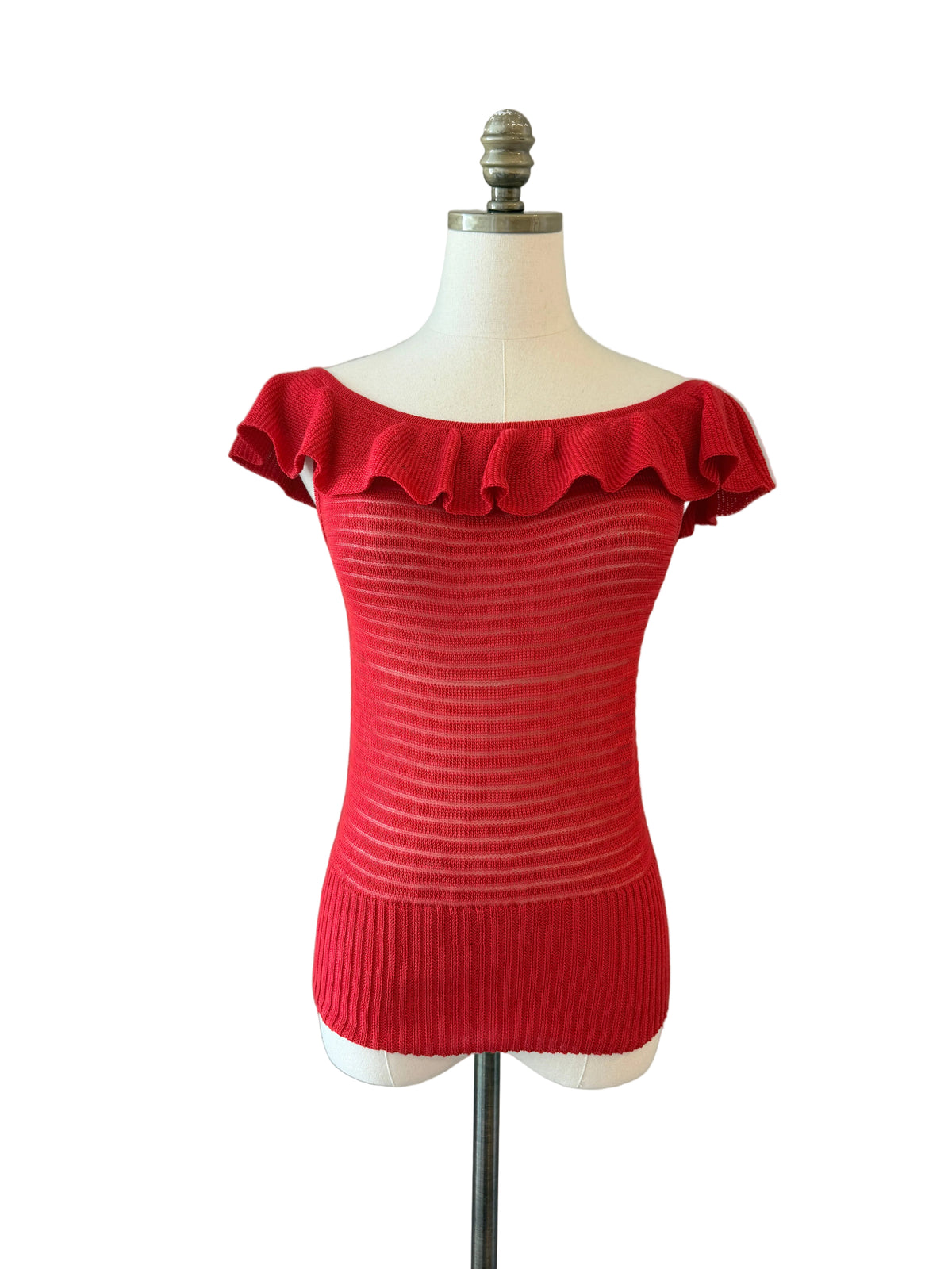 1970s Yves Saint Laurent Red Open-Knit Off-the-Shoulder Ruffle Top