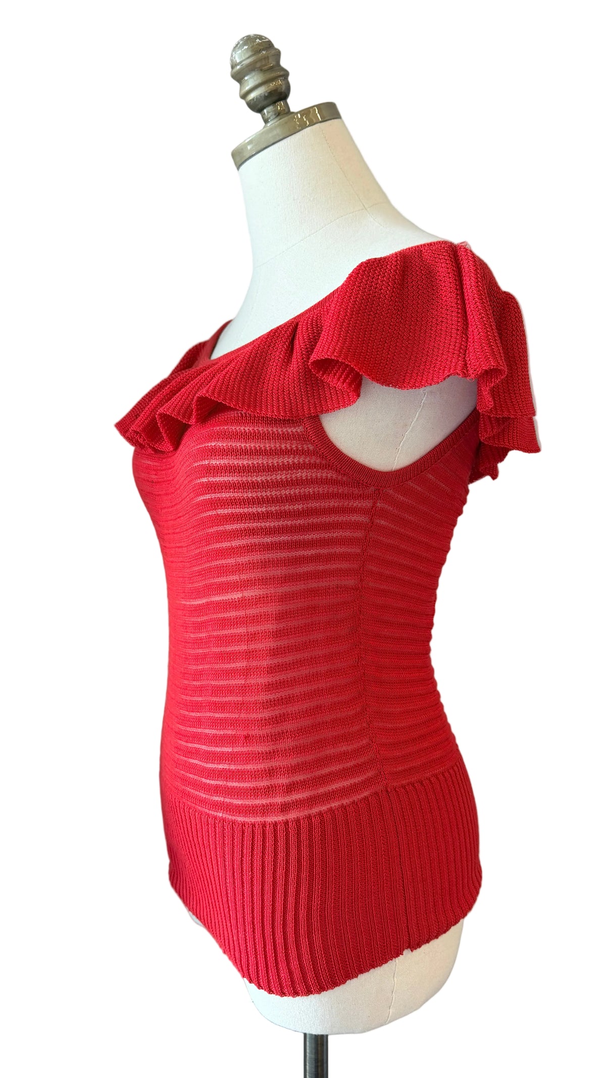 1970s Yves Saint Laurent Red Open-Knit Off-the-Shoulder Ruffle Top