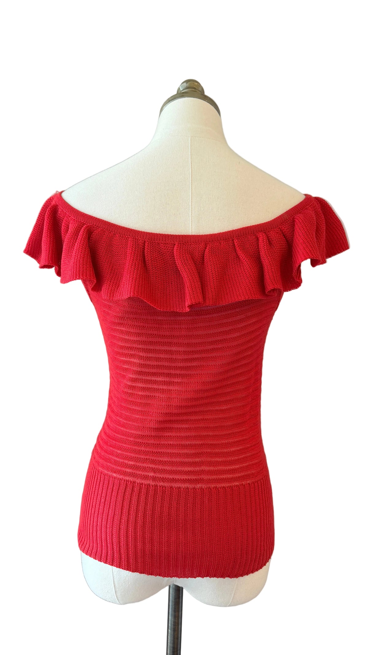 1970s Yves Saint Laurent Red Open-Knit Off-the-Shoulder Ruffle Top