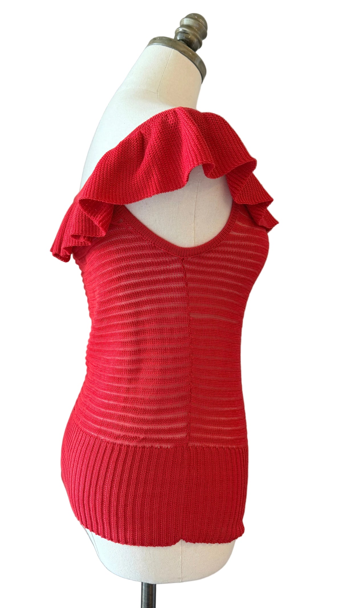 1970s Yves Saint Laurent Red Open-Knit Off-the-Shoulder Ruffle Top