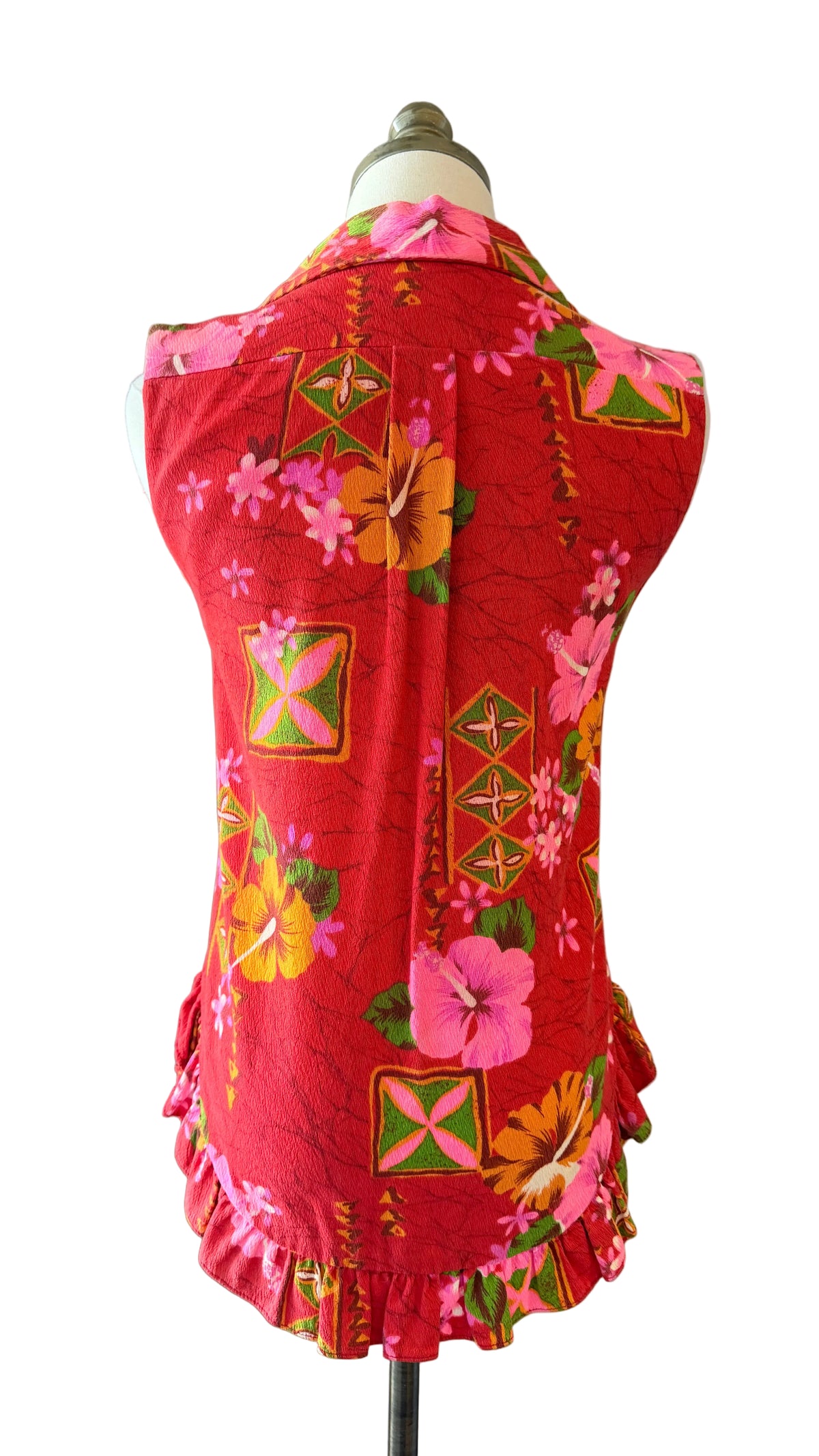 1960s Black Point Hawaii Tropical Print Button-Front Top with Dagger Collar & Ruffle Hem