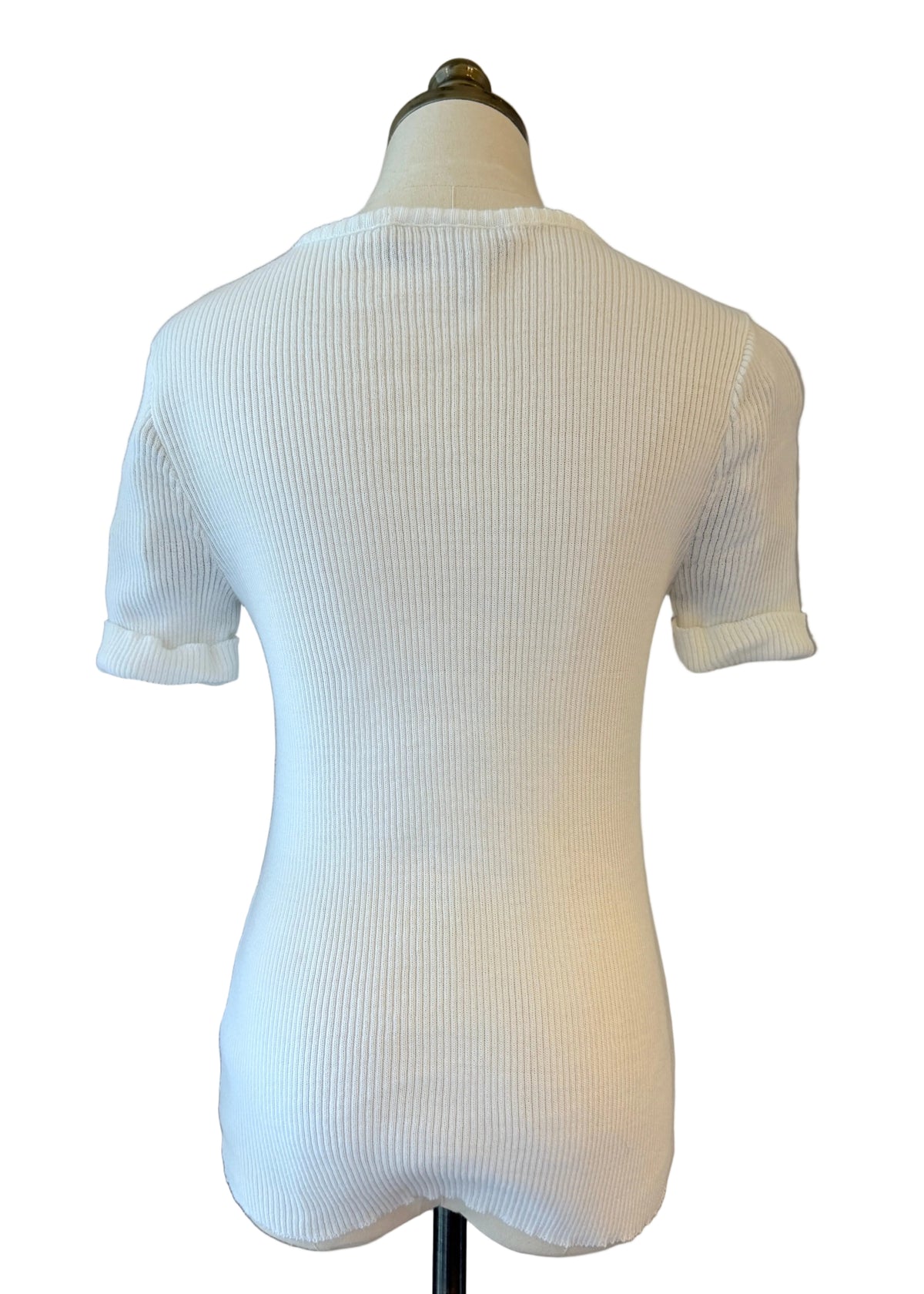 1970s Pierre Cardin White Ribbed Short-Sleeve Sweater Tee with Logo
