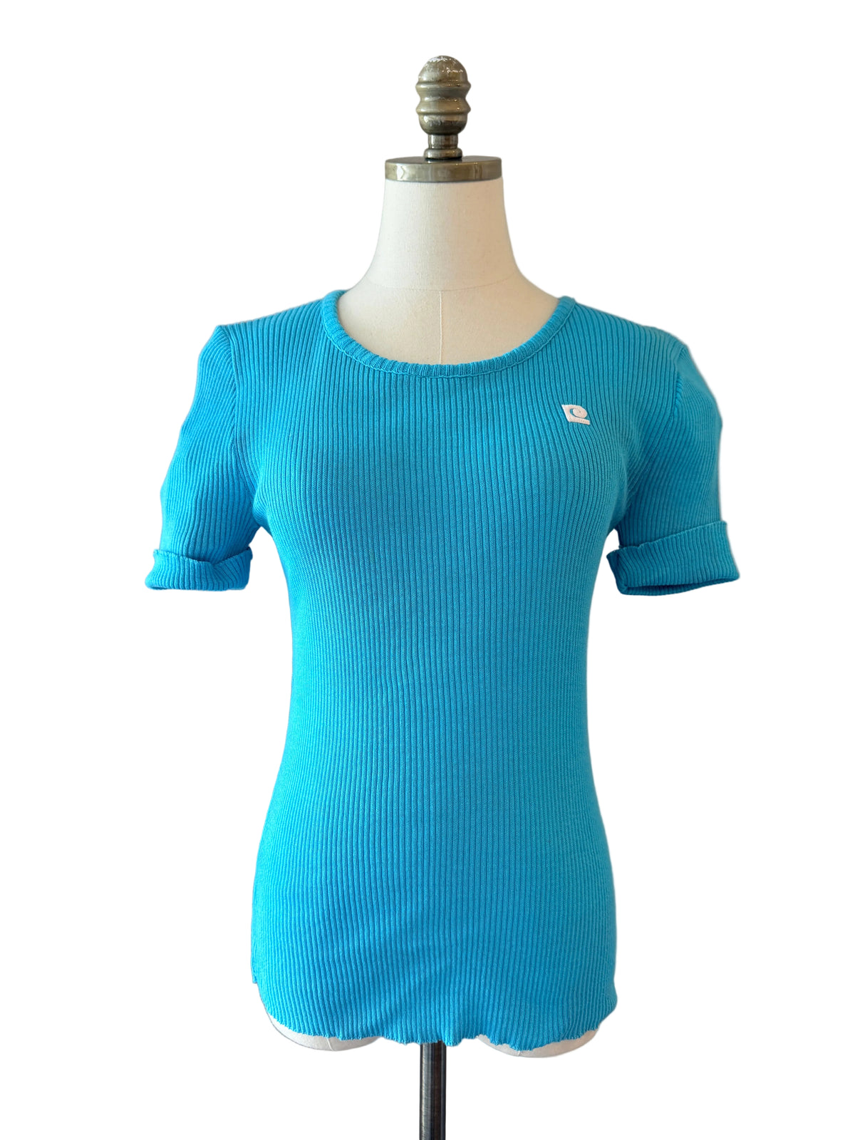 1970s Pierre Cardin Aqua Ribbed Short-Sleeve Sweater Tee with Logo