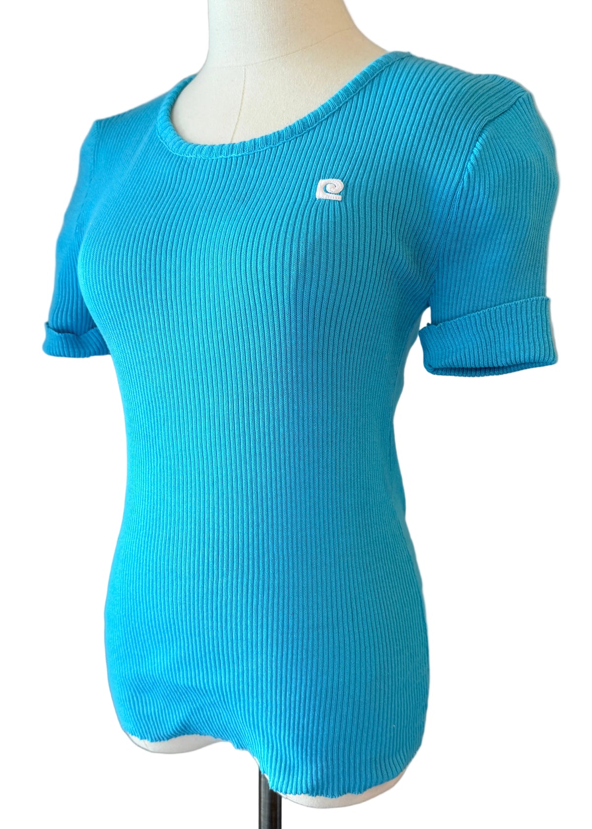 1970s Pierre Cardin Aqua Ribbed Short-Sleeve Sweater Tee with Logo