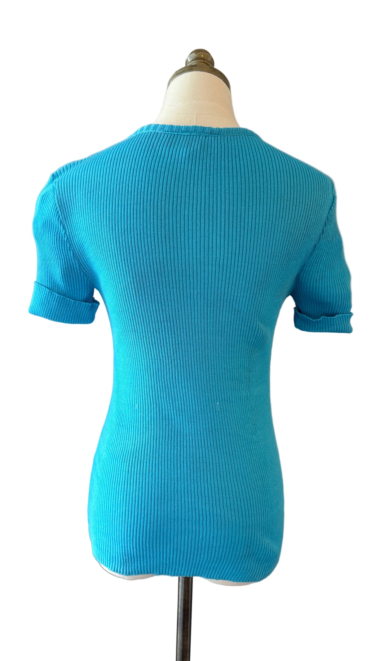 1970s Pierre Cardin Aqua Ribbed Short-Sleeve Sweater Tee with Logo