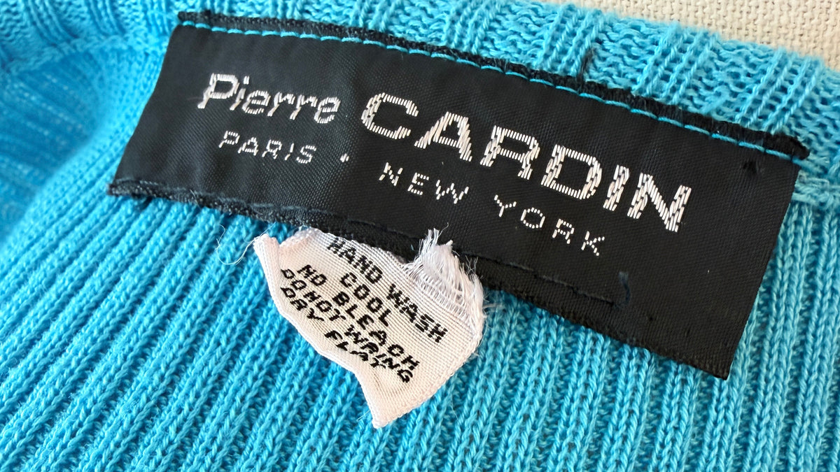 1970s Pierre Cardin Aqua Ribbed Short-Sleeve Sweater Tee with Logo