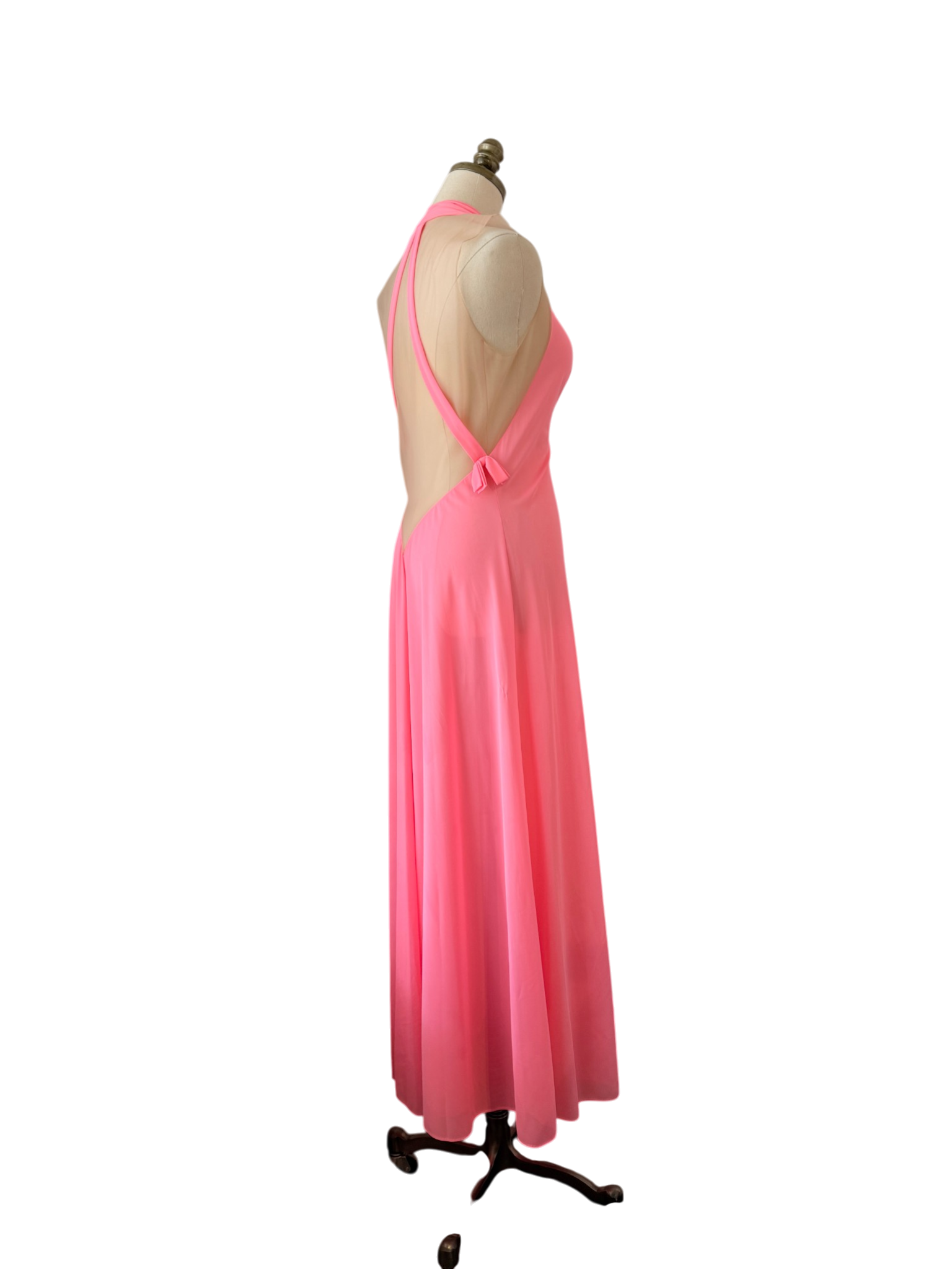 1960s Lucie Ann Pink Floor-Length Nightgown with Gathered Bust and Sheer Back