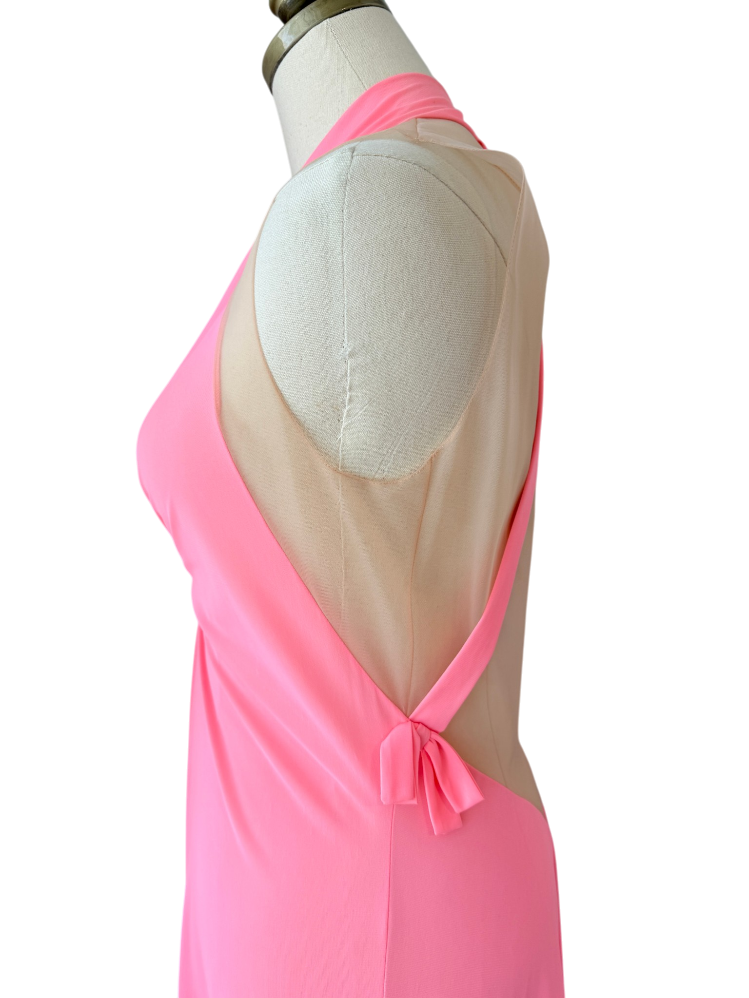 1960s Lucie Ann Pink Floor-Length Nightgown with Gathered Bust and Sheer Back