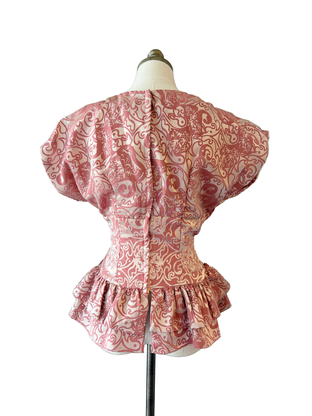 1980s Handmade Satin Damask Fitted Peplum Blouse with Dolman Cap Sleeves