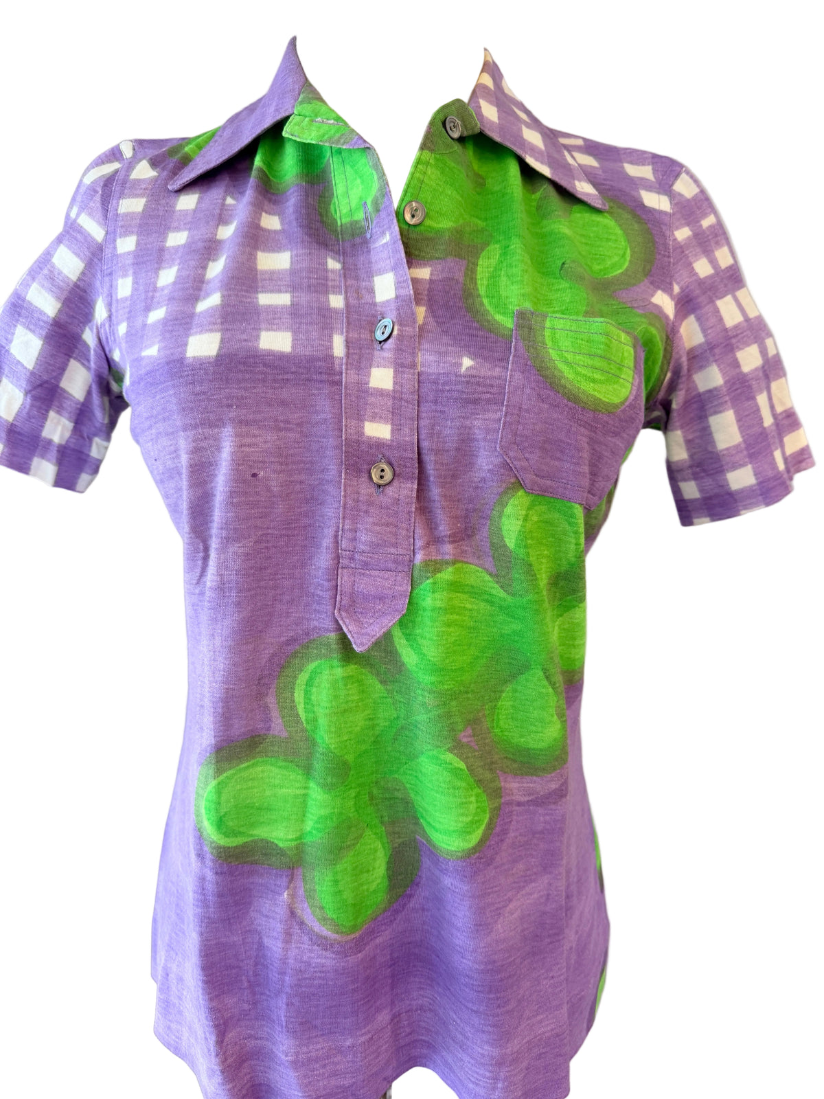 1960s Livio De Simone Purple & Green Floral 3/4 Button-Front Polo Shirt