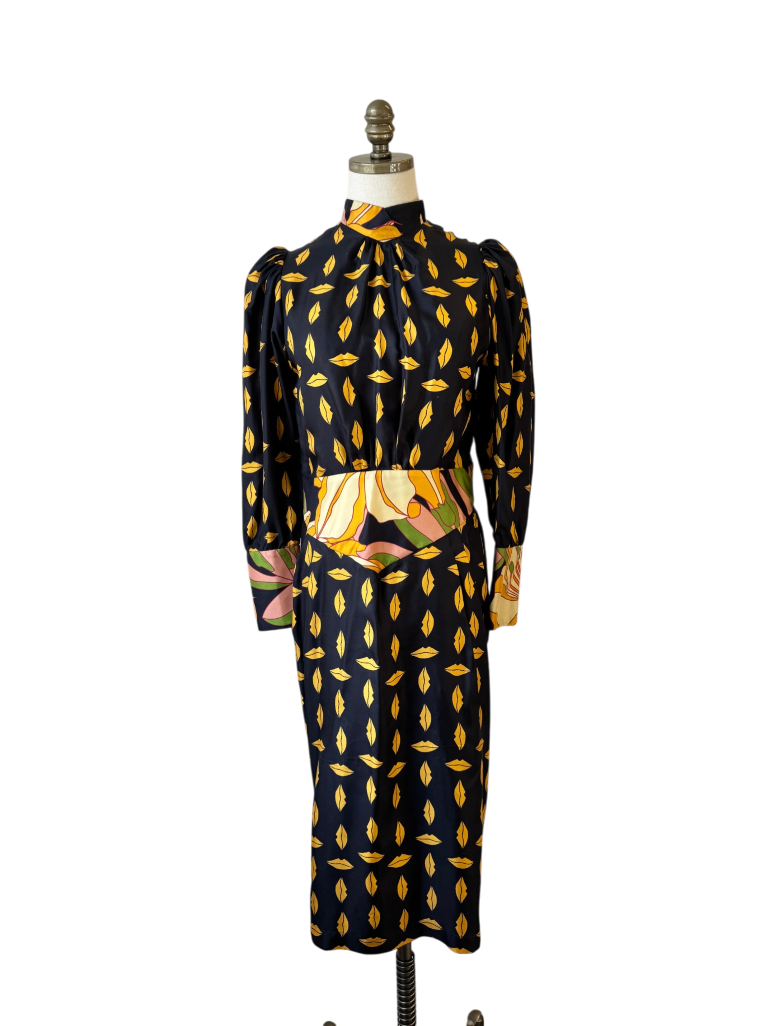 La Prestic Ouiston Silk Black Dress with Button Back and Cummerbund Waist