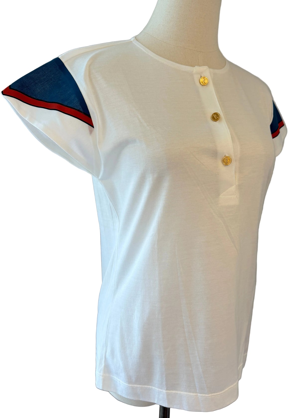 1960s Roberta di Camerino White Knit Top with Gold Buttons & Blue Sleeves
