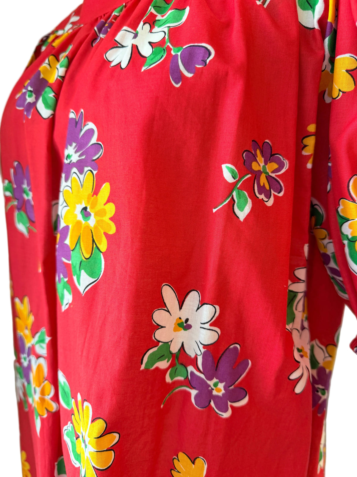 1980s Yves Saint Laurent Red Floral Balloon Sleeve Top