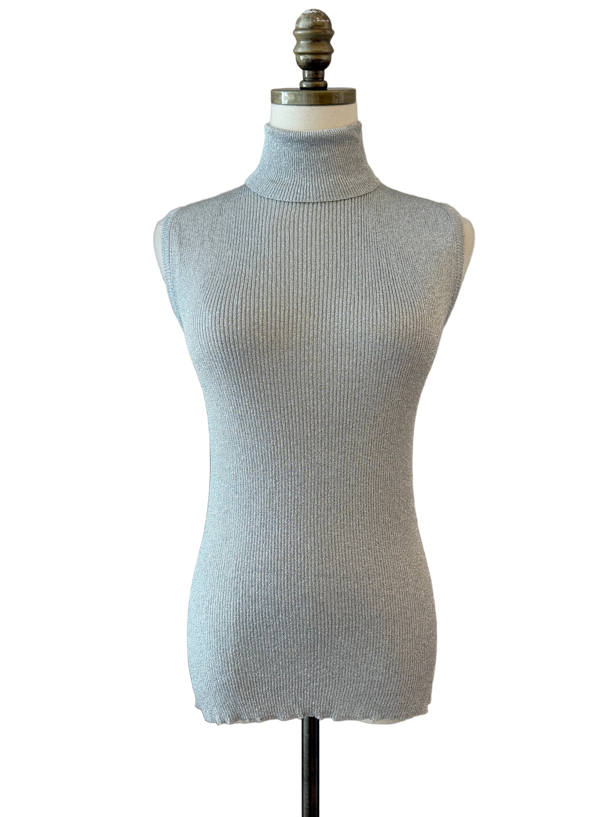 1970s Garfinckel’s Silver Lamé Ribbed Turtleneck Tank with Back Zipper