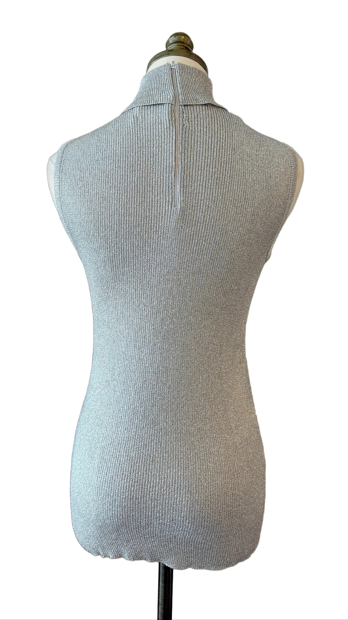 1970s Garfinckel’s Silver Lamé Ribbed Turtleneck Tank with Back Zipper