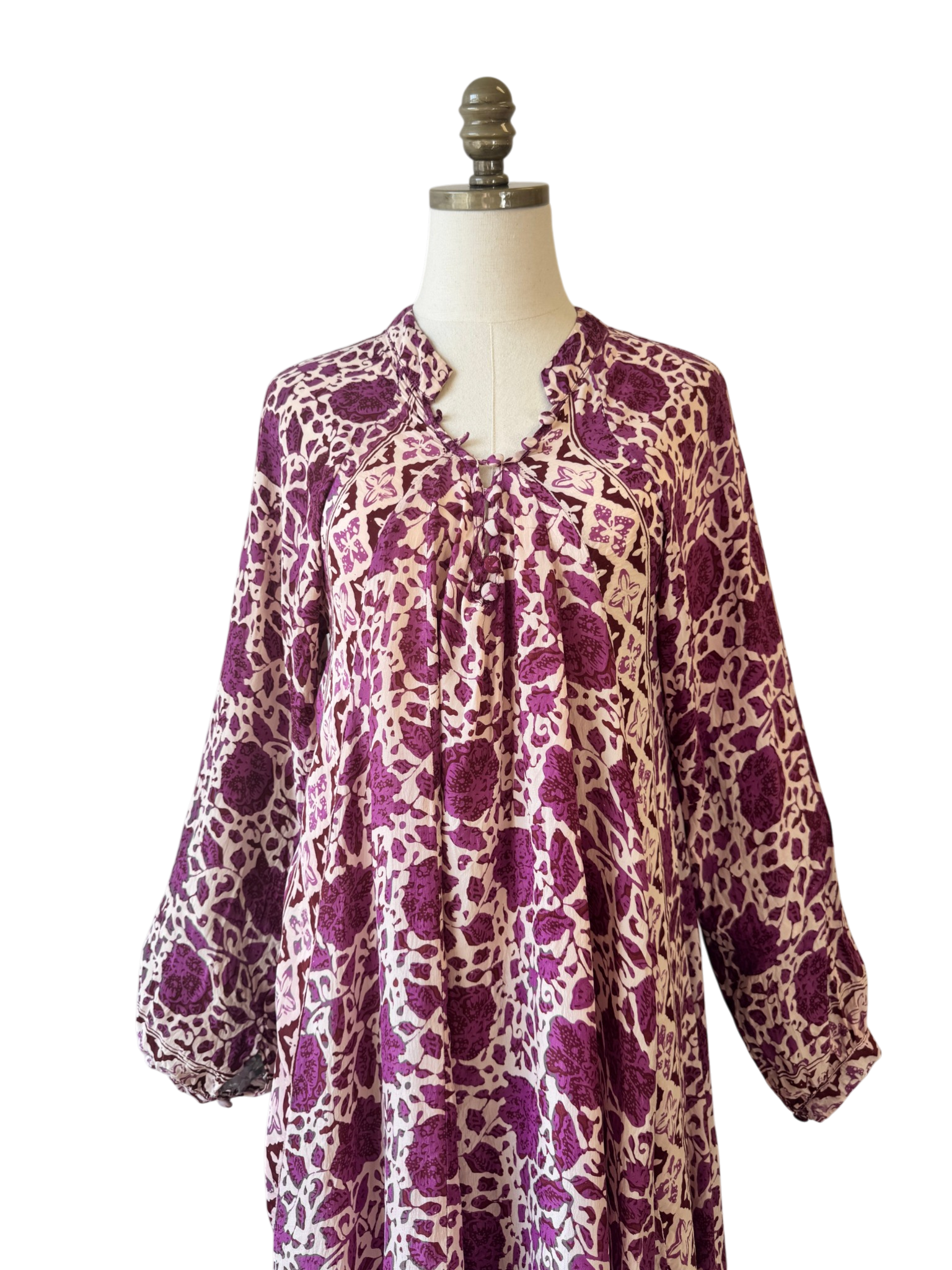 Natalie Martin Silk Floral Caftan Dress with Puff Sleeves & Tie Neck