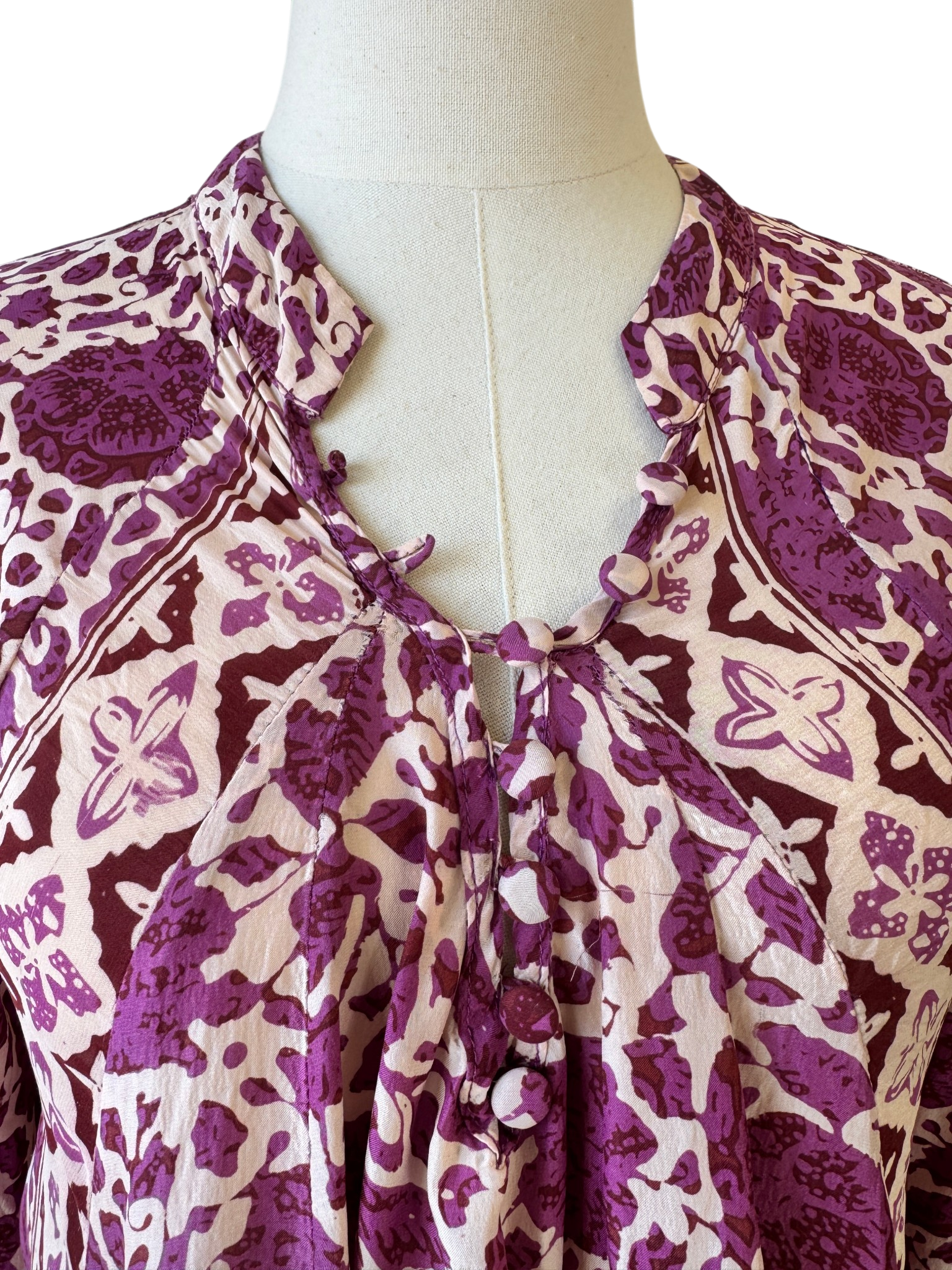 Natalie Martin Silk Floral Caftan Dress with Puff Sleeves & Tie Neck