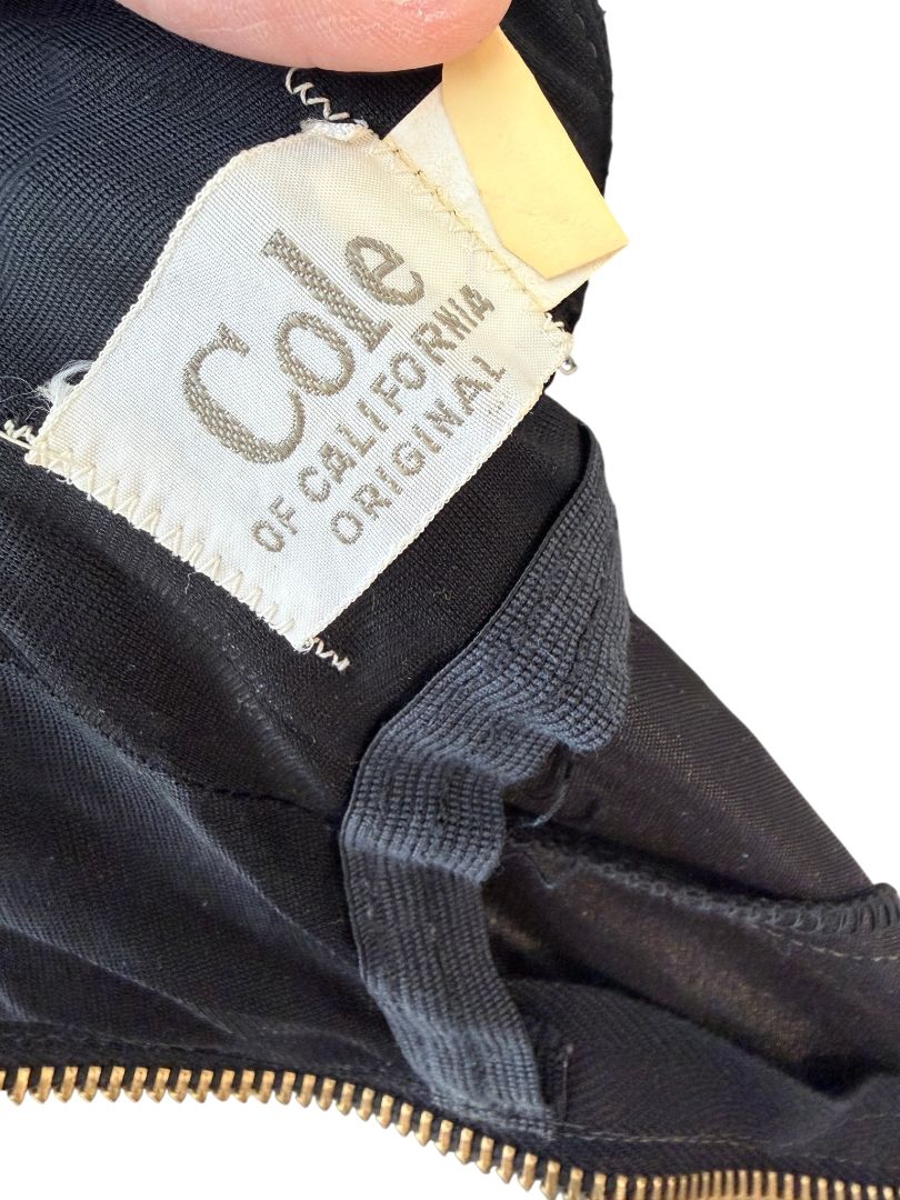1950s Cole of California Black Bathing Suit with Brass Zip Front