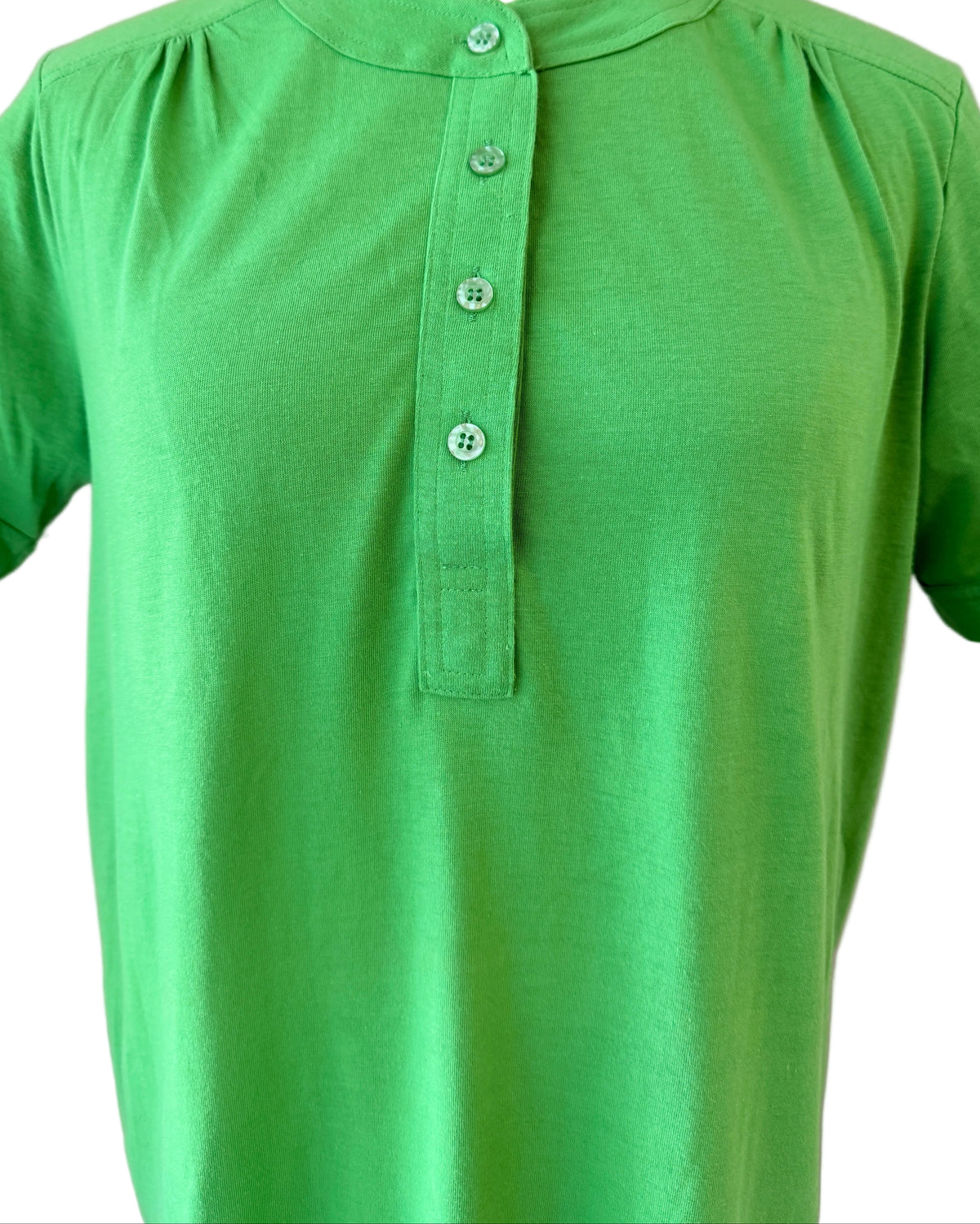 1970s Leon Levin Cotton Green 3/4 Button-Front Tee with Gathered Shoulders