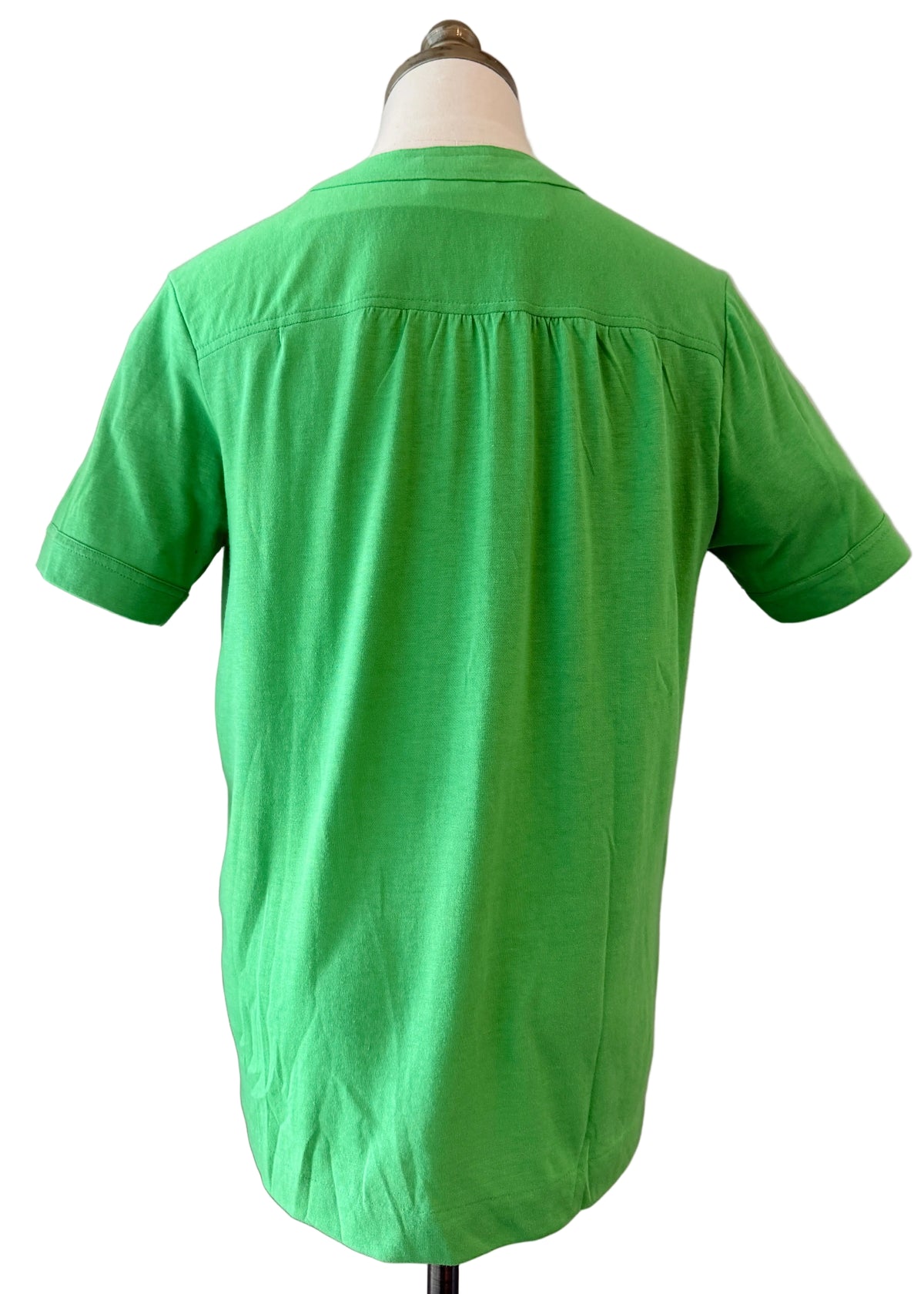 1970s Leon Levin Cotton Green 3/4 Button-Front Tee with Gathered Shoulders